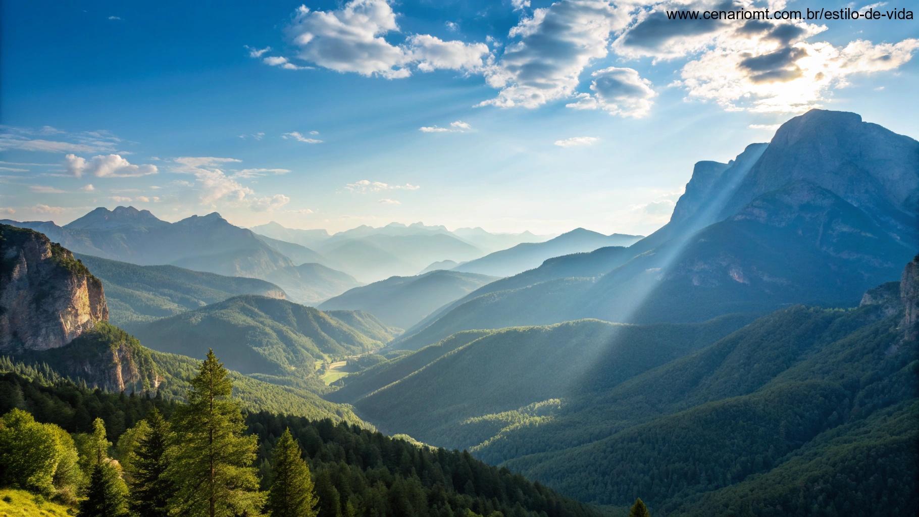 Paisagem montanhosa pacífica sob um céu azul claro, luz do sol iluminando picos e vales, evocando inspiração e reflexão para um sábado tranquilo