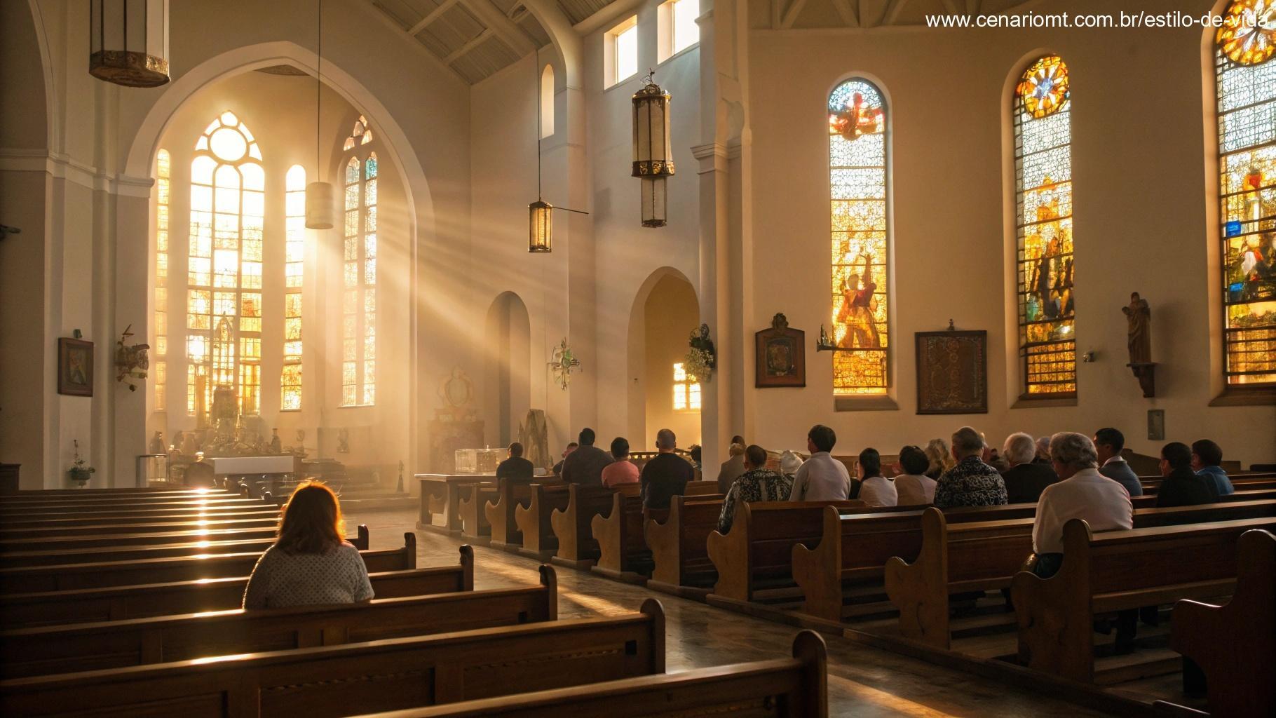 Imagem de uma sala de oração tranquila com suave luz de velas e uma bíblia aberta, criando uma atmosfera para reflexão espiritual profunda e oração diária.