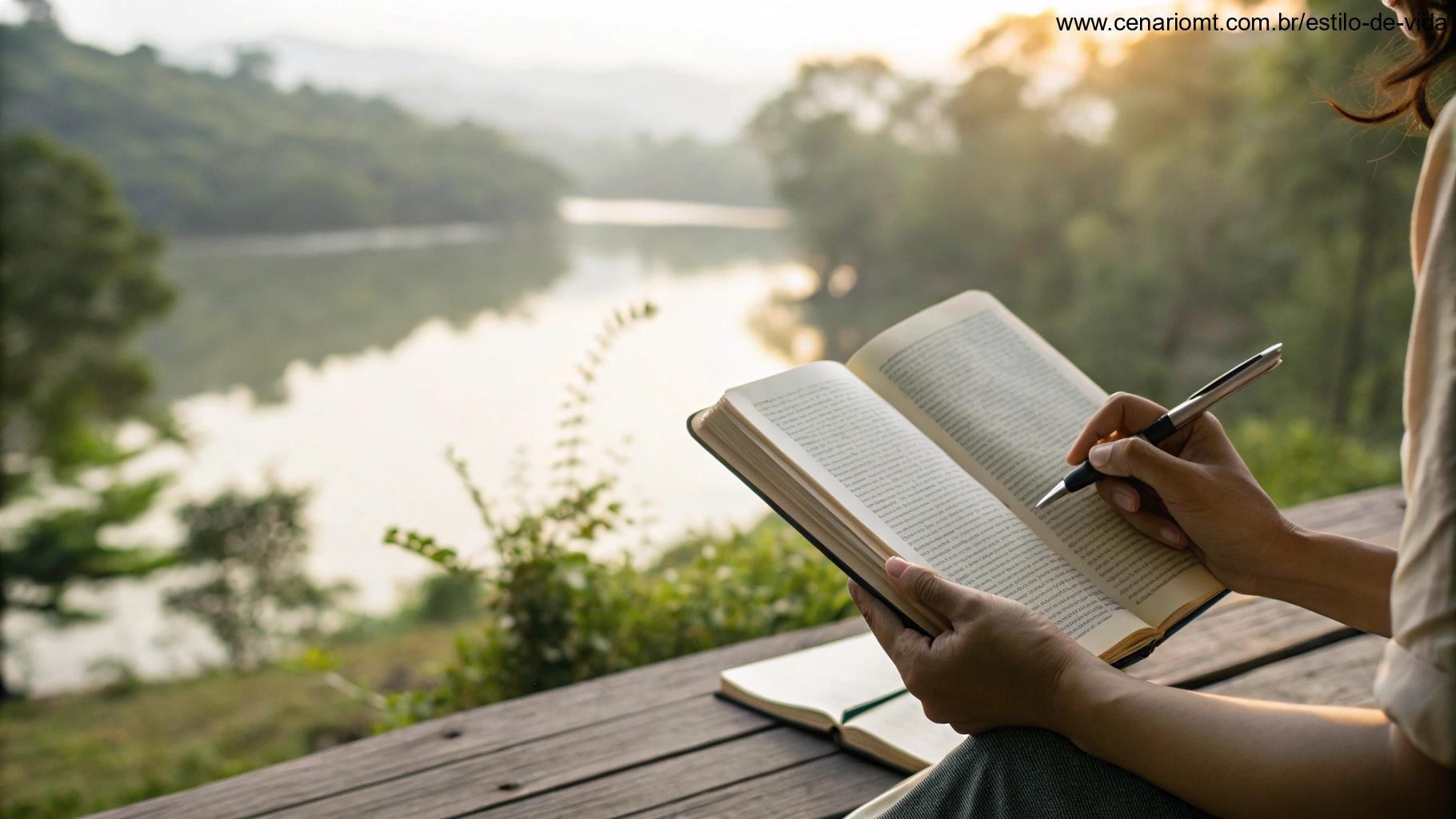 Imagem de mãos segurando suavemente uma Bíblia aberta, com um caderno e uma caneta ao lado para anotações, em um ambiente iluminado por luz natural e verde ao fundo, simbolizando Reflexão e Prática da Palavra