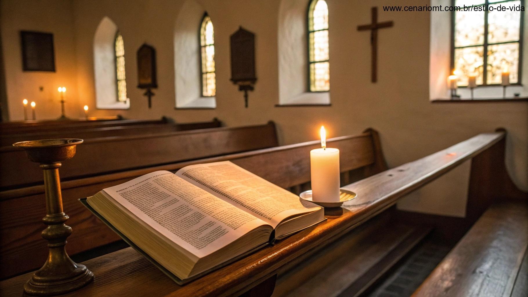 Interior de capela com luz de velas e uma Bíblia aberta no Salmo 27, evocando reflexão e espiritualidade