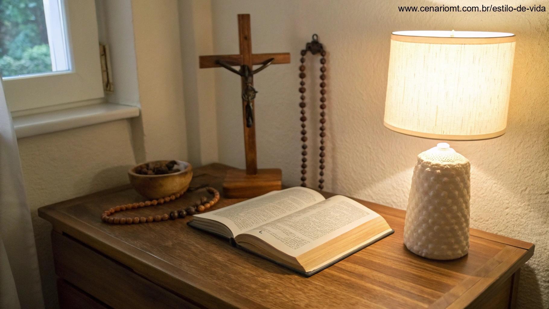 Canto de oração em casa com cruz de madeira, Bíblia aberta, terço e uma luminária suave, simbolizando a reflexão cristã e a vivência da Palavra de Deus em 14/05/2025