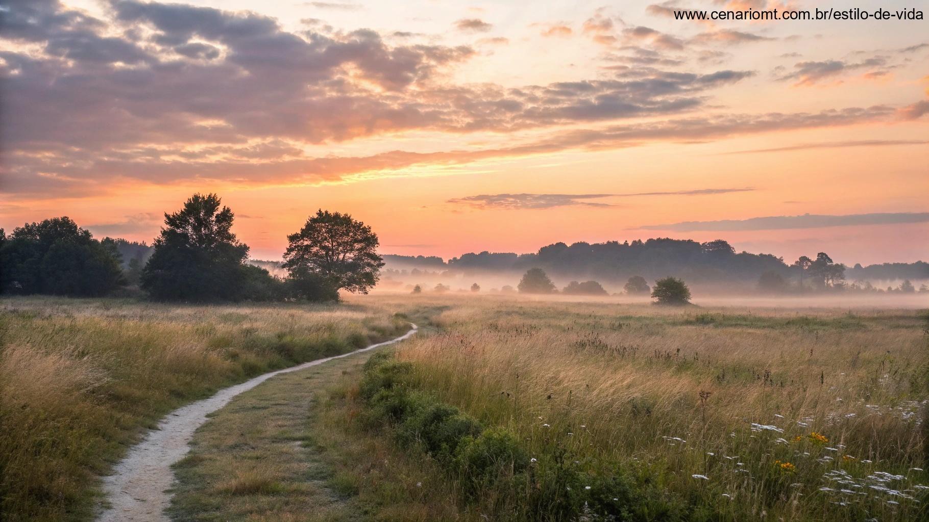 Paisagem serena ao amanhecer com um caminho tranquilo atravessando um campo florido, simbolizando a reflexão espiritual do dia e a paz interior