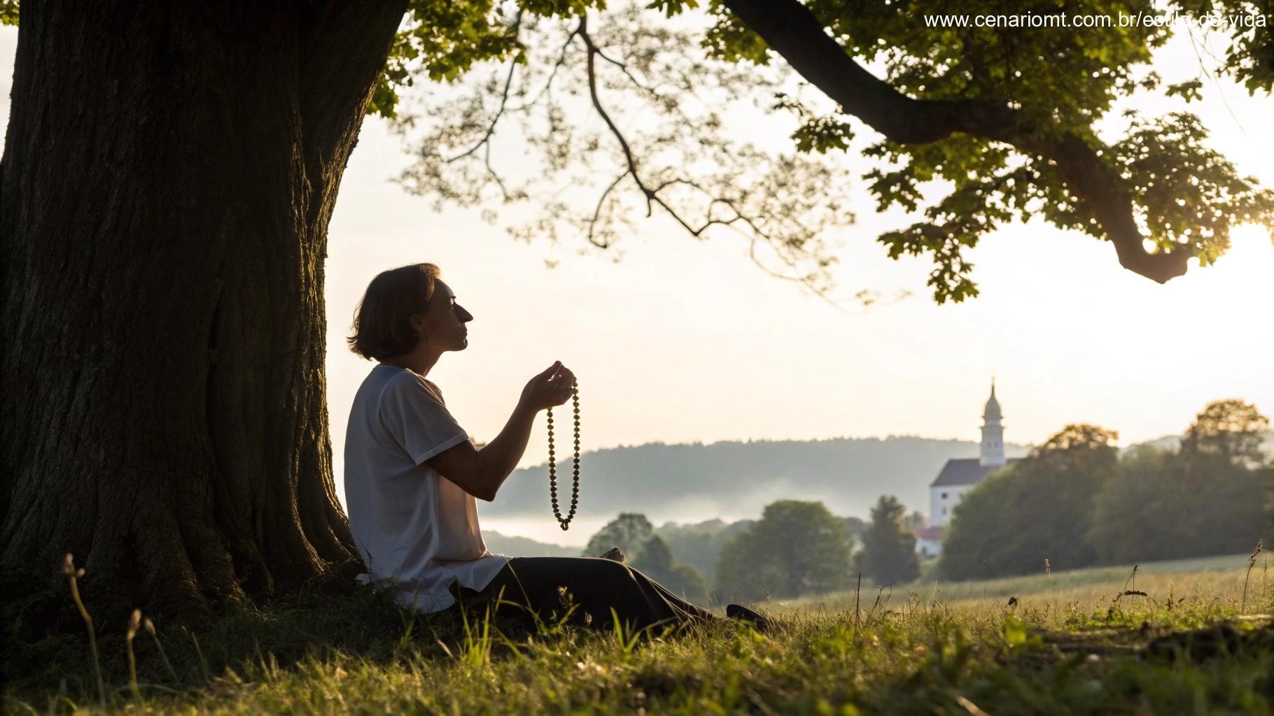 Pessoa meditando ao ar livre sob uma grande árvore, segurando um terço, com uma igreja ao fundo