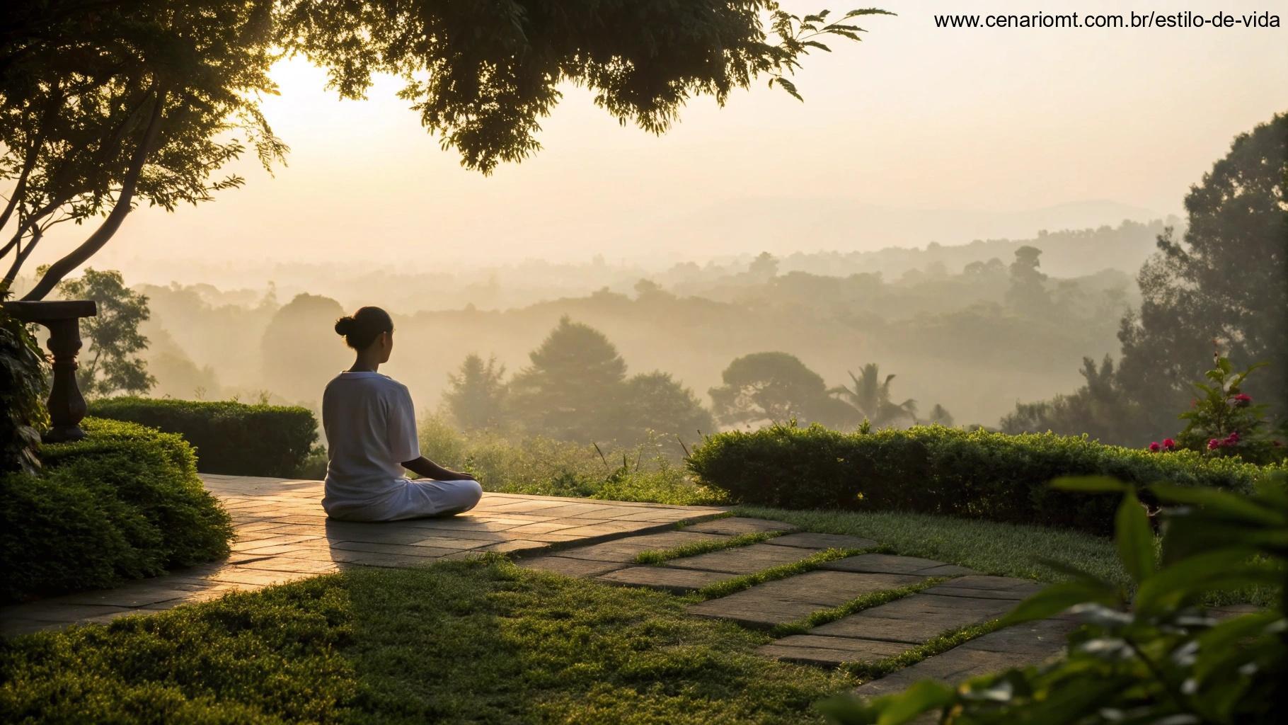 Imagem espiritual de uma pessoa meditando em um jardim ao nascer do sol, representando a Reflexão Espiritual para Segunda-feira