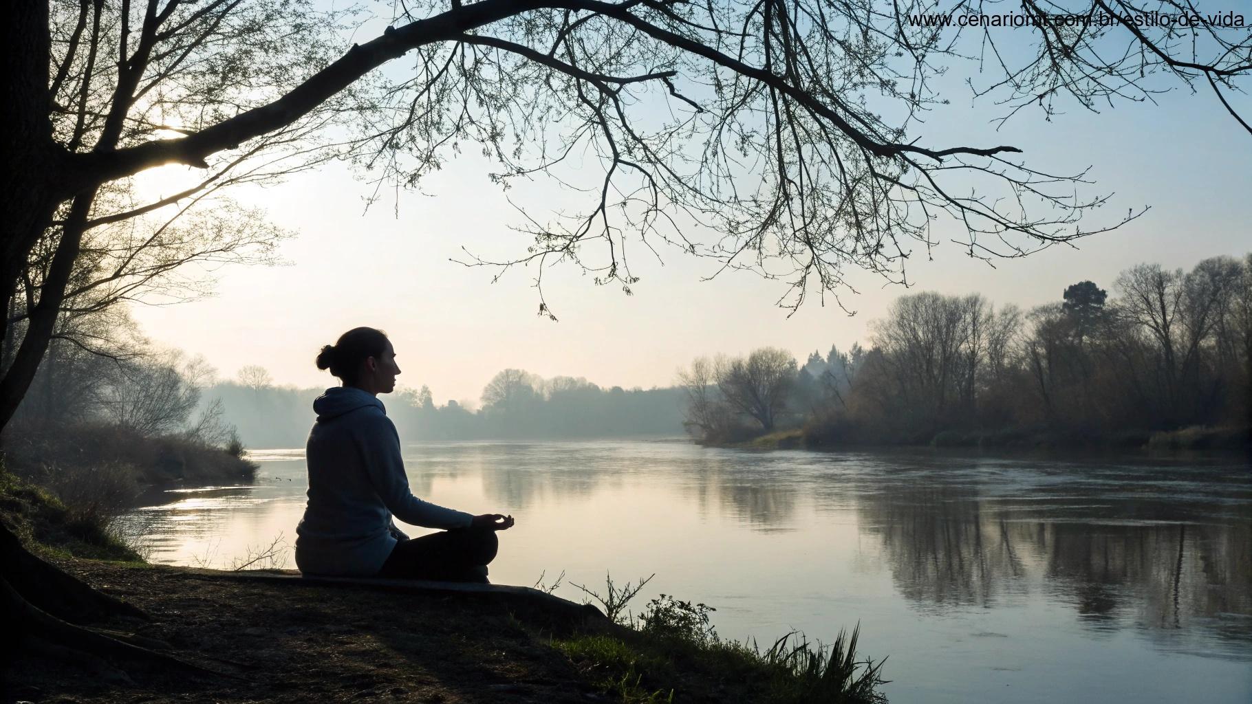 Pessoa meditando em cenário calmo representando uma reflexão espiritual