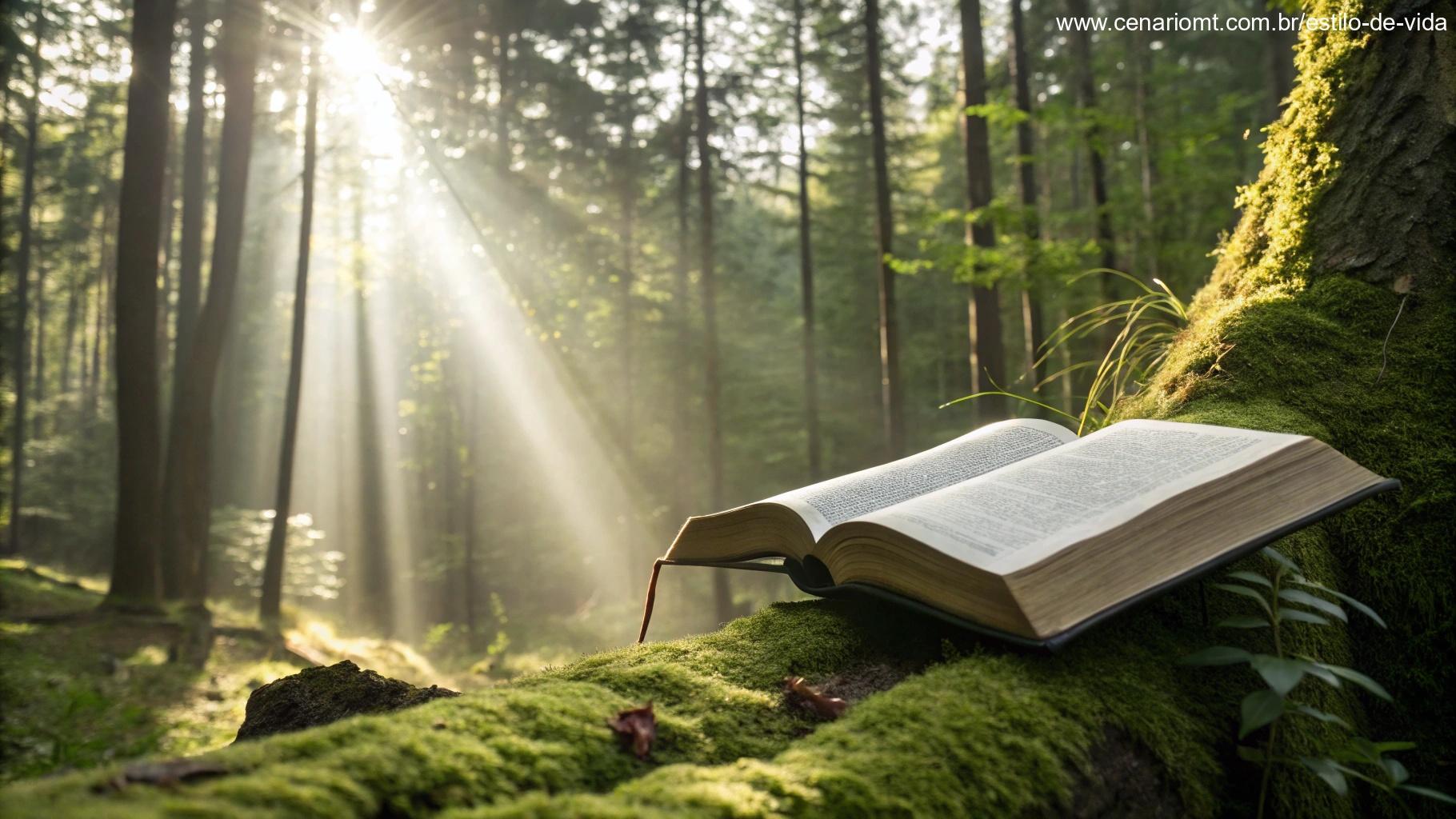 Cena iluminada com raios de sol atravessando a floresta e iluminando uma Bíblia aberta sobre uma pedra coberta de musgo, simbolizando a reflexão espiritual semanal baseada na palavra de Deus