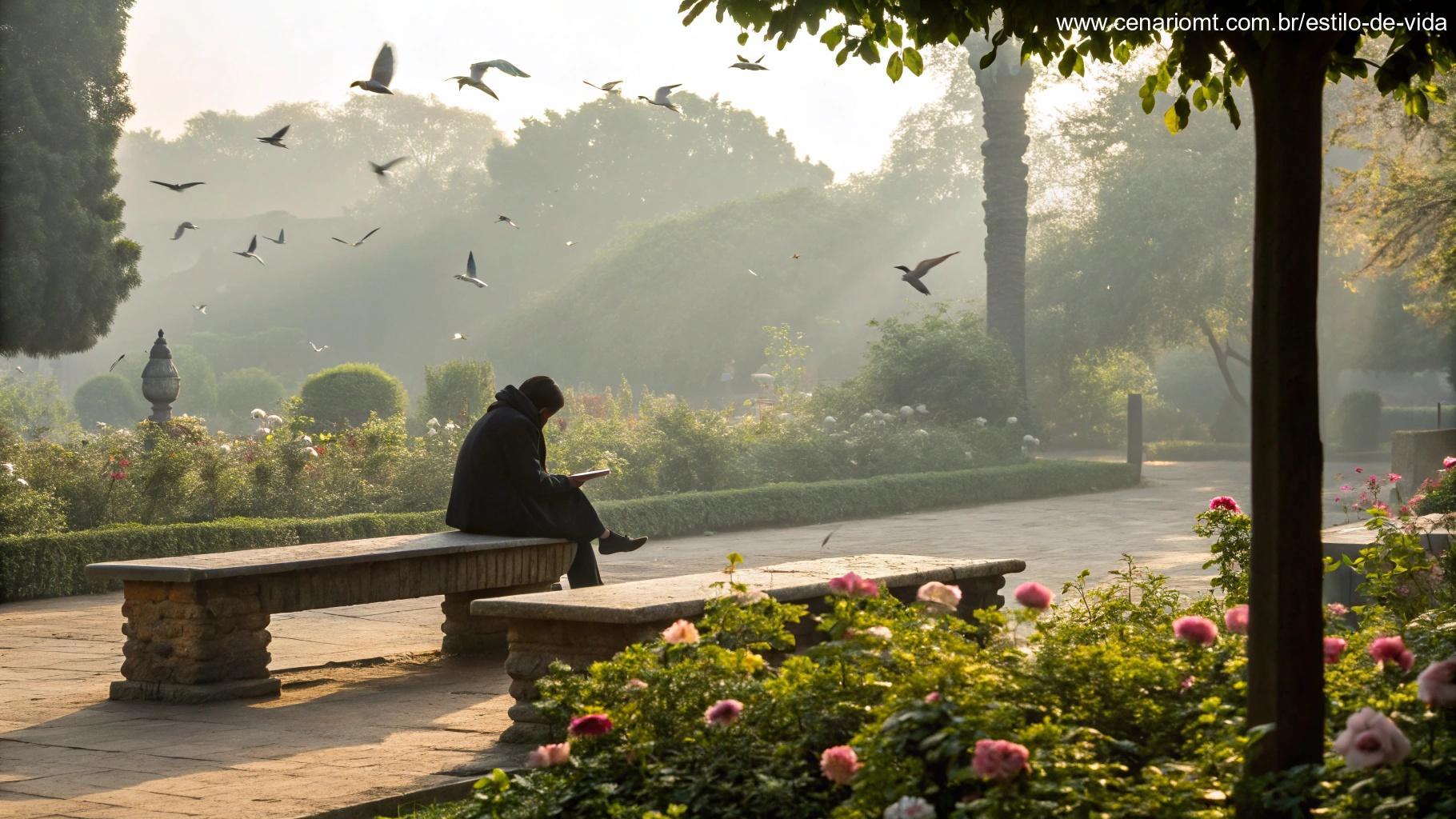 Pessoa lendo a Bíblia em um jardim tranquilo iluminado pela luz da manhã