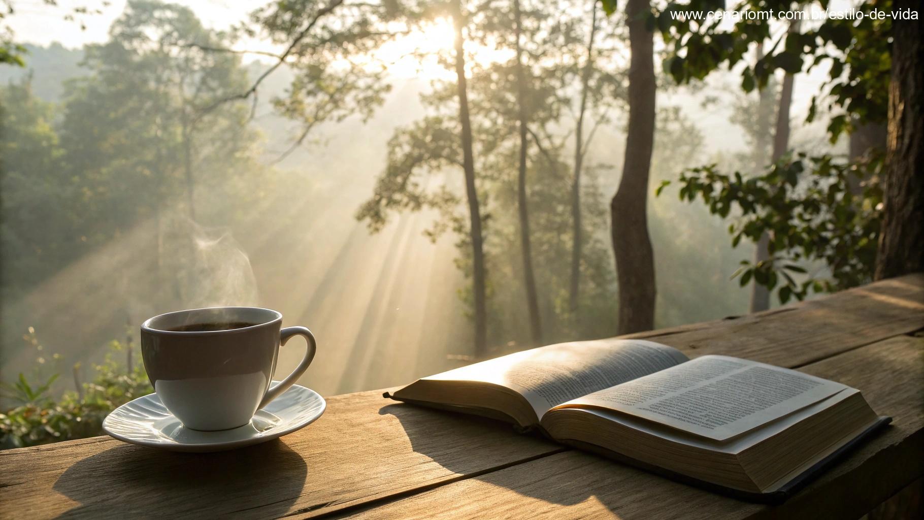 Cenário calmo com Bíblia aberta e luz do sol entre árvores inspirando fé