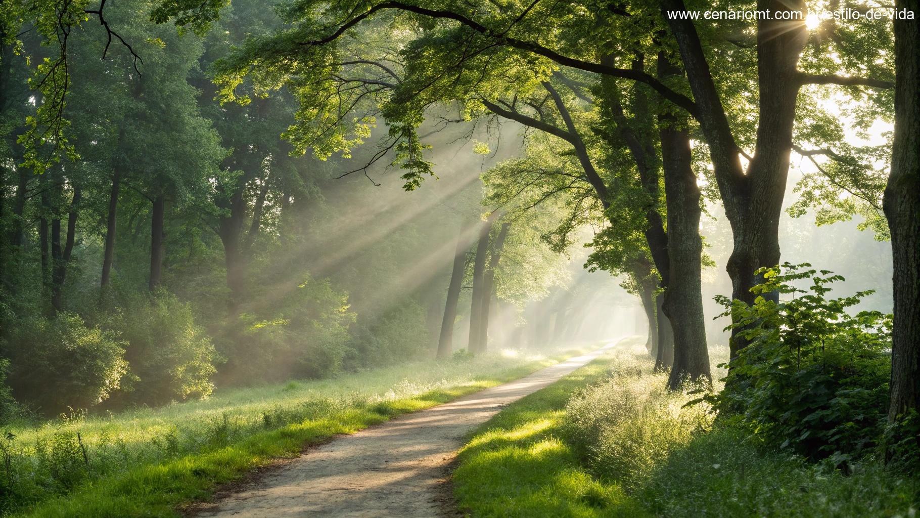 trilha tranquila em meio à floresta com raios de sol simbolizando fé e jornada espiritual