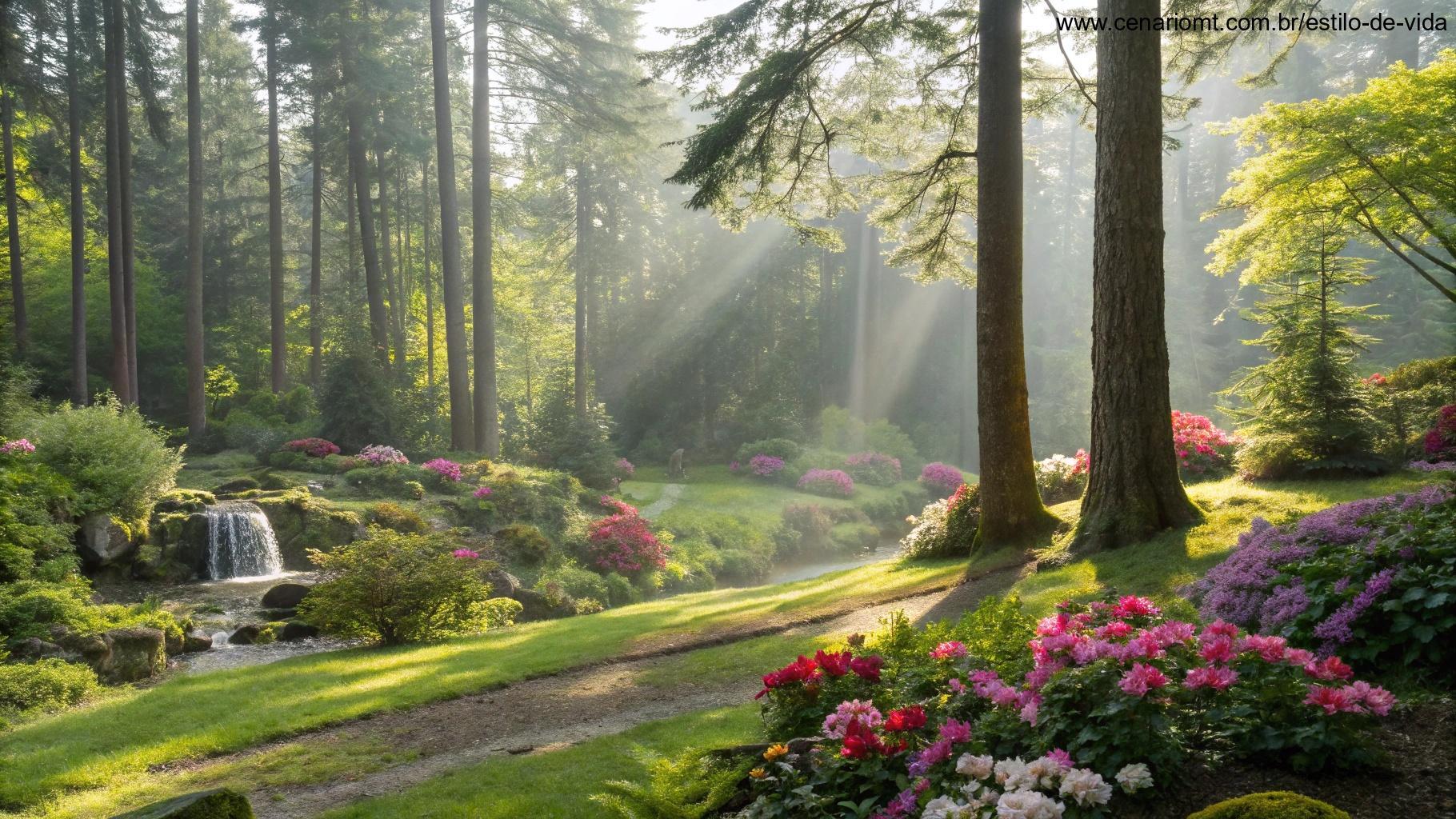 clareira tranquila em uma floresta com flores coloridas e luz solar suave