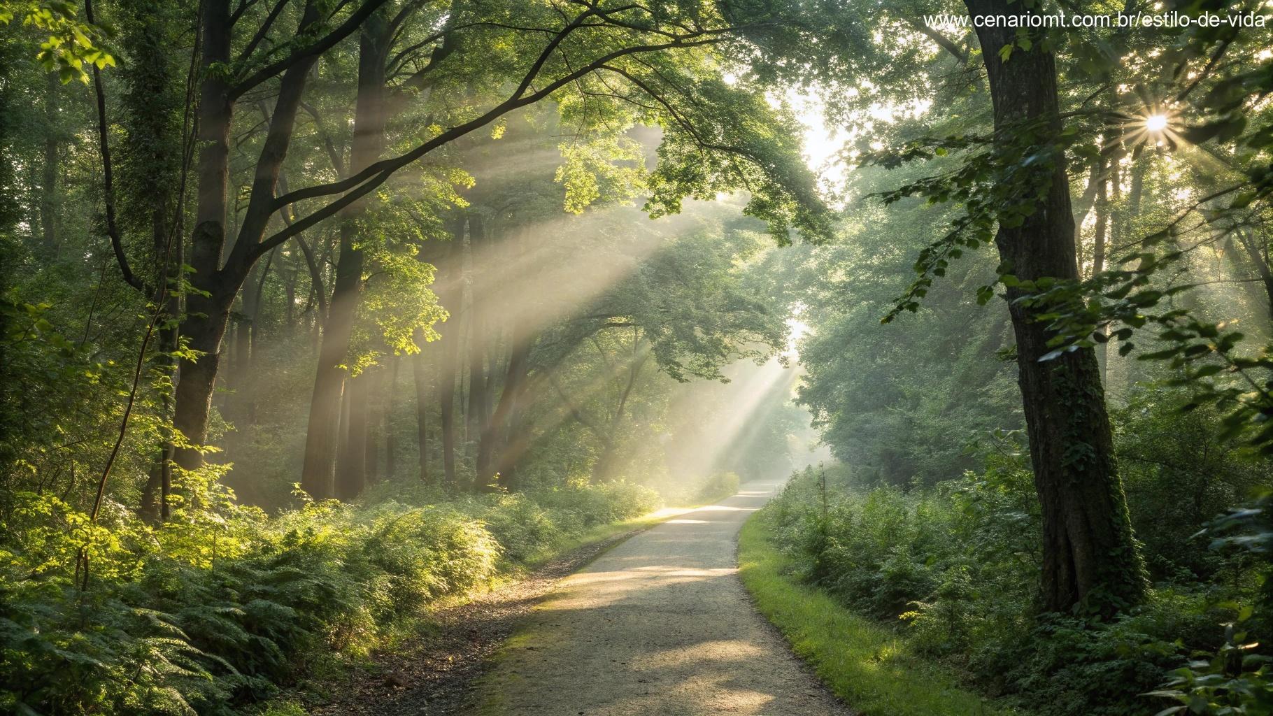 Caminho tranquilo em uma floresta iluminada pelo sol com raios de luz filtrando pelas árvores