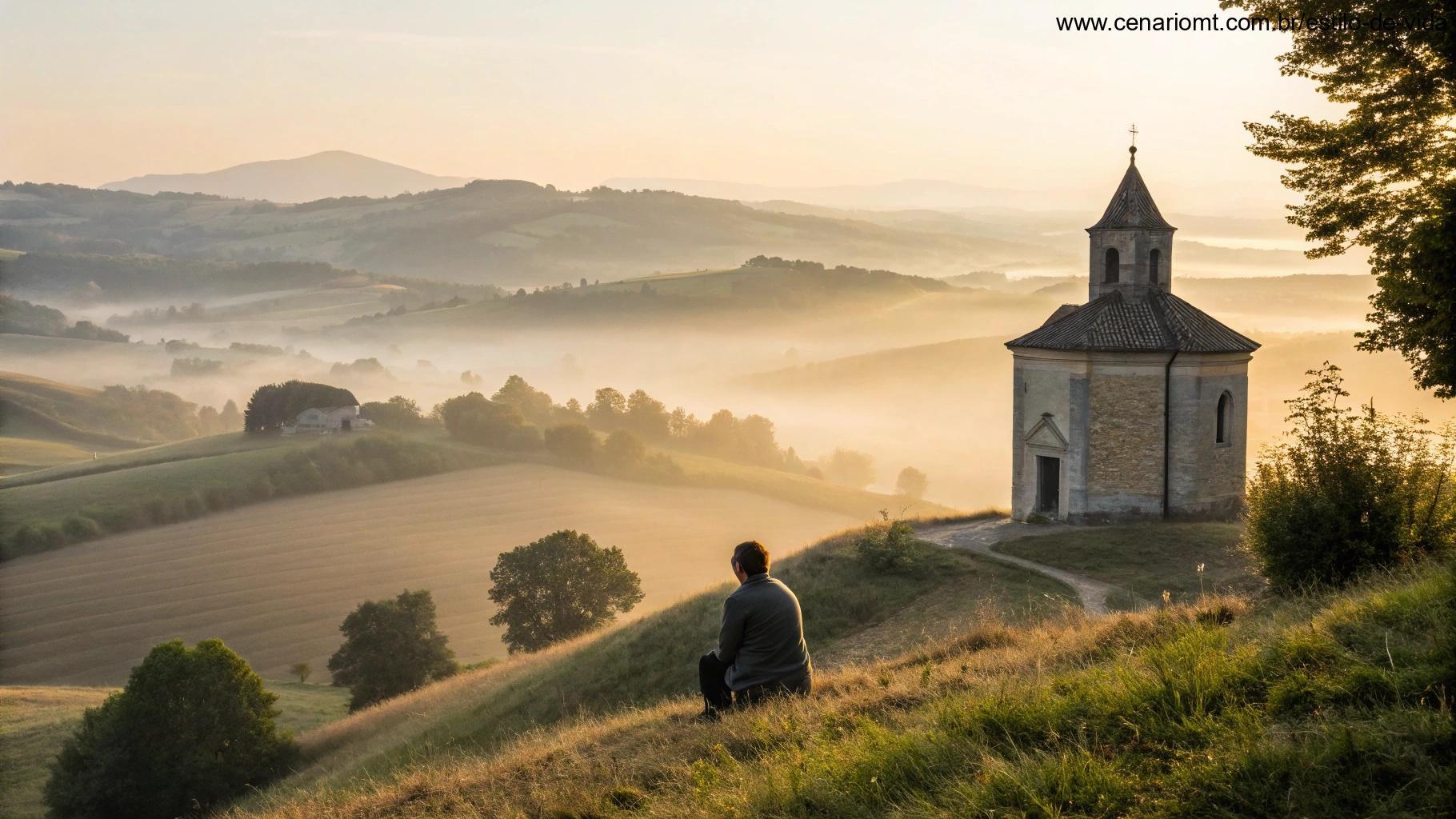 Amanhecer no campo com uma pequena igreja e pessoa em reflexão