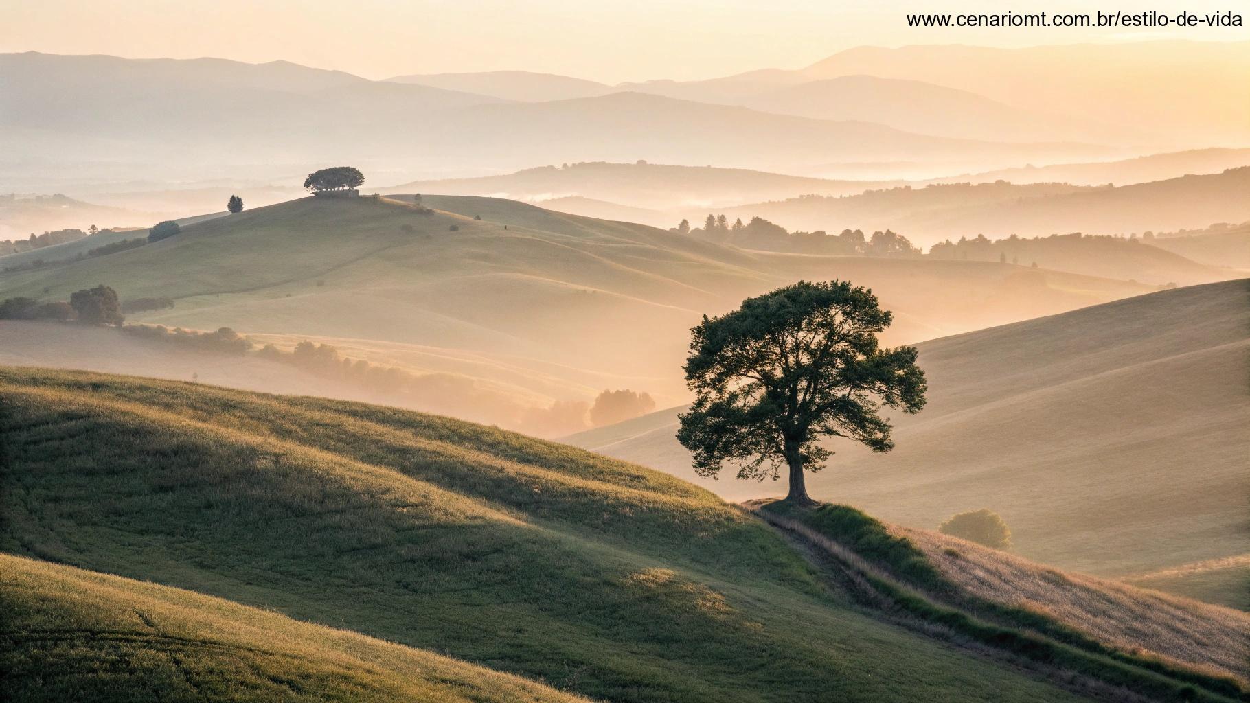 Paisagem natural ao amanhecer com colinas suaves e sensação de paz