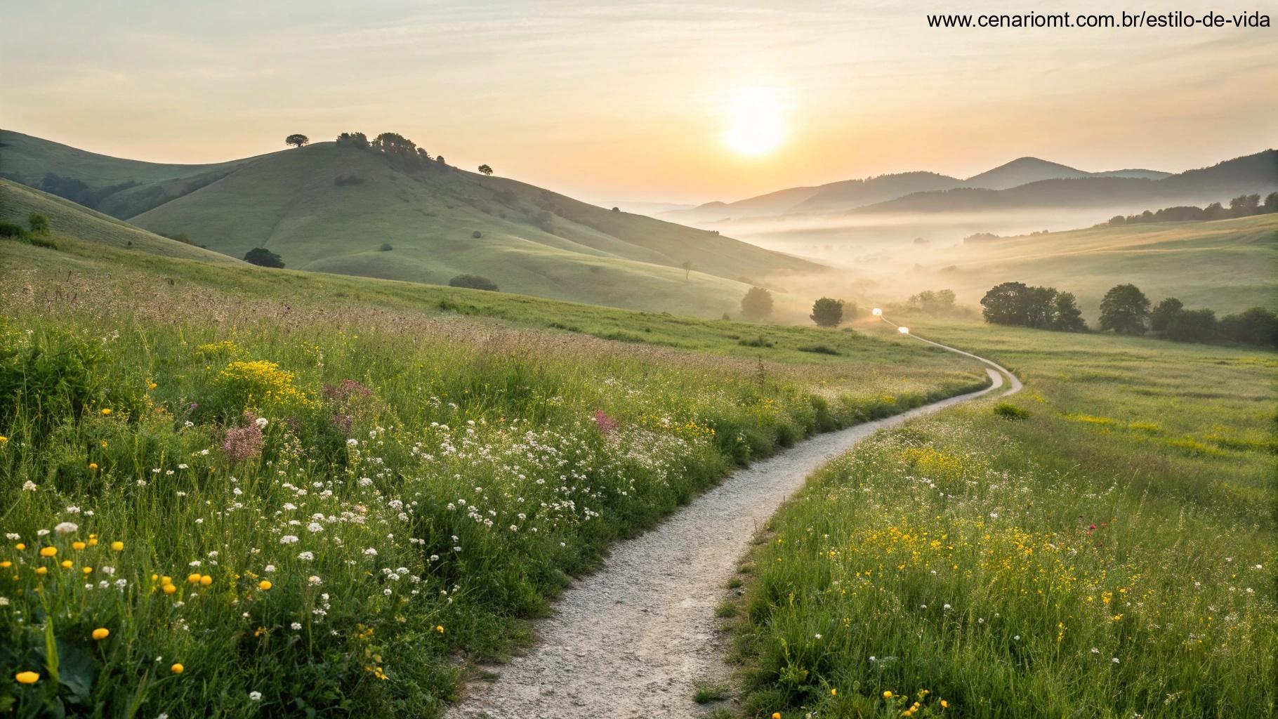 Paisagem de manhã com caminho entre flores simbolizando um novo dia