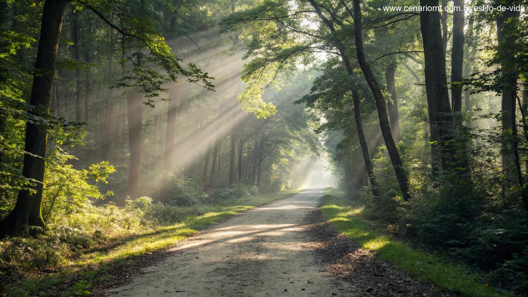 caminho tranquilo através de uma floresta densa com raios de sol passando pelas folhas