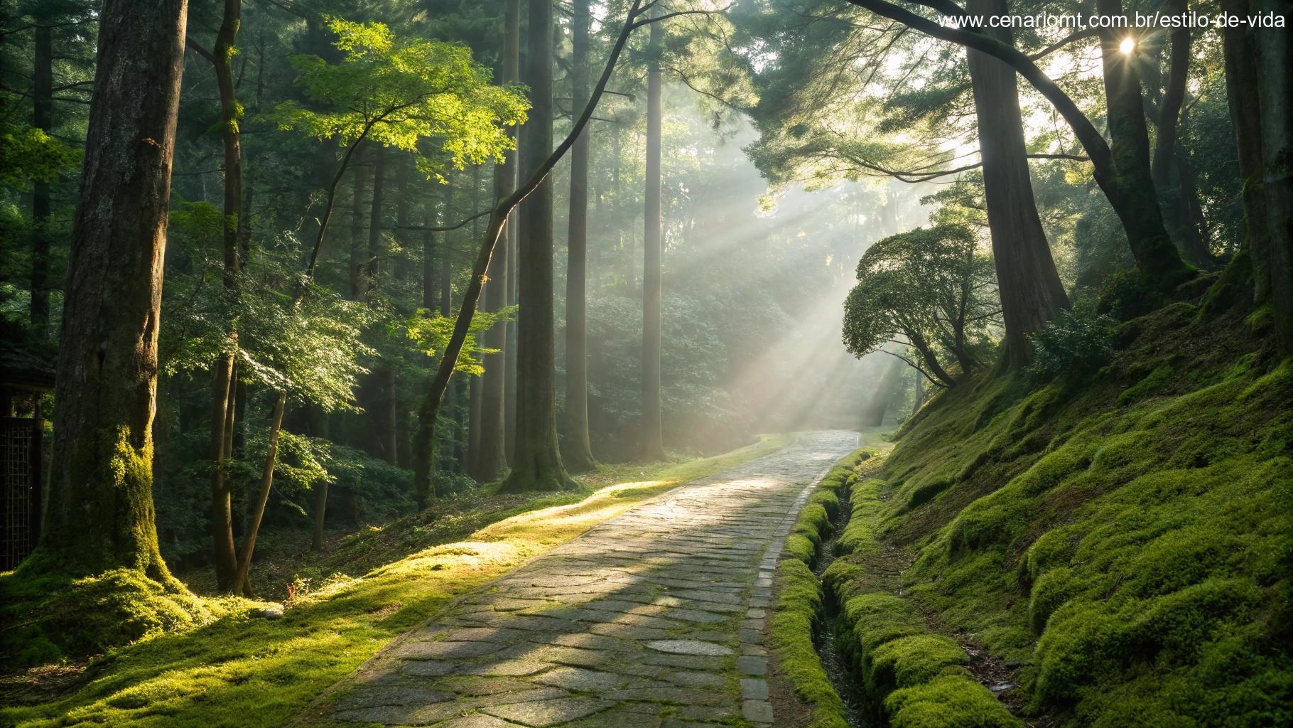 Trilha tranquila em meio à floresta iluminada pelo sol, simbolizando fé e esperança para o sábado