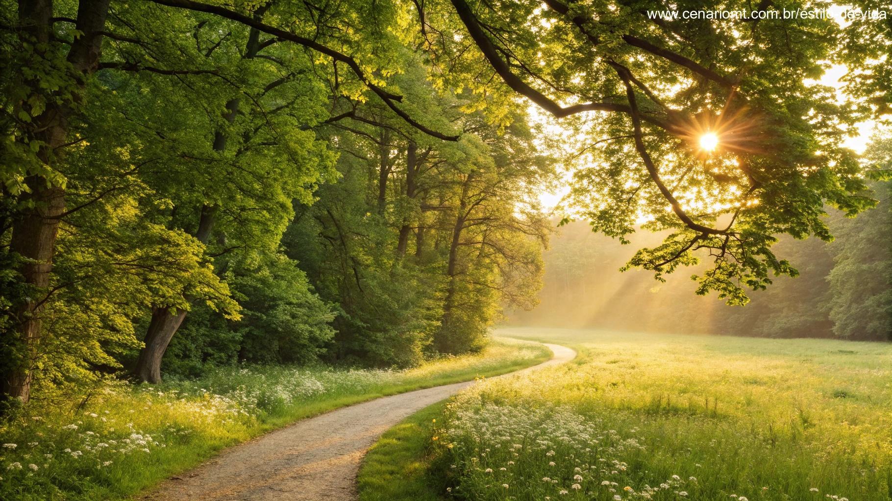 um caminho sinuoso através de uma floresta banhada pela luz do sol com raios dourados filtrando pelas folhas, levando a um campo aberto e iluminado