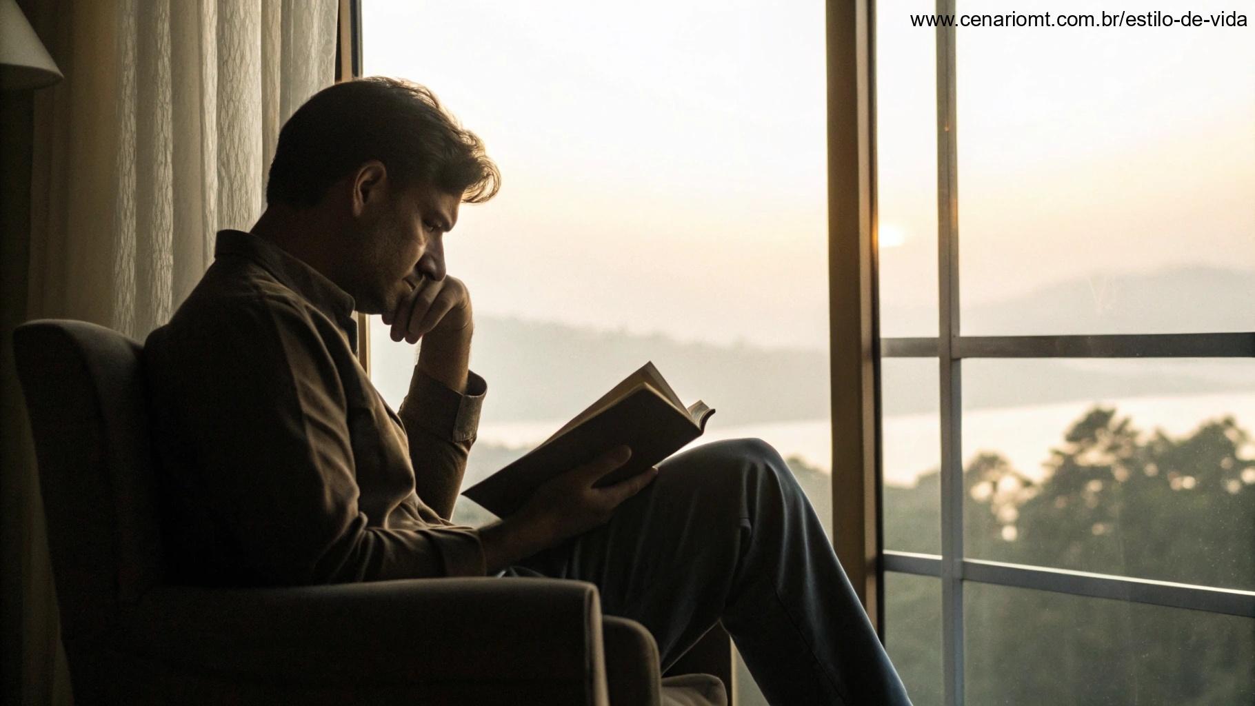 Homem cristão lendo a Bíblia ao amanhecer, simbolizando liberdade espiritual