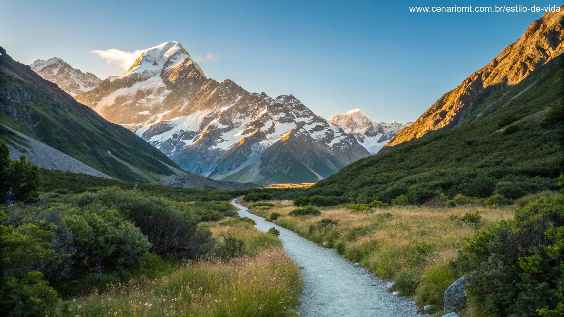 Paisagem serena de montanhas com céu azul claro, luz do sol iluminando os picos e um caminho silencioso que leva ao horizonte, evocando contemplação profunda e paz