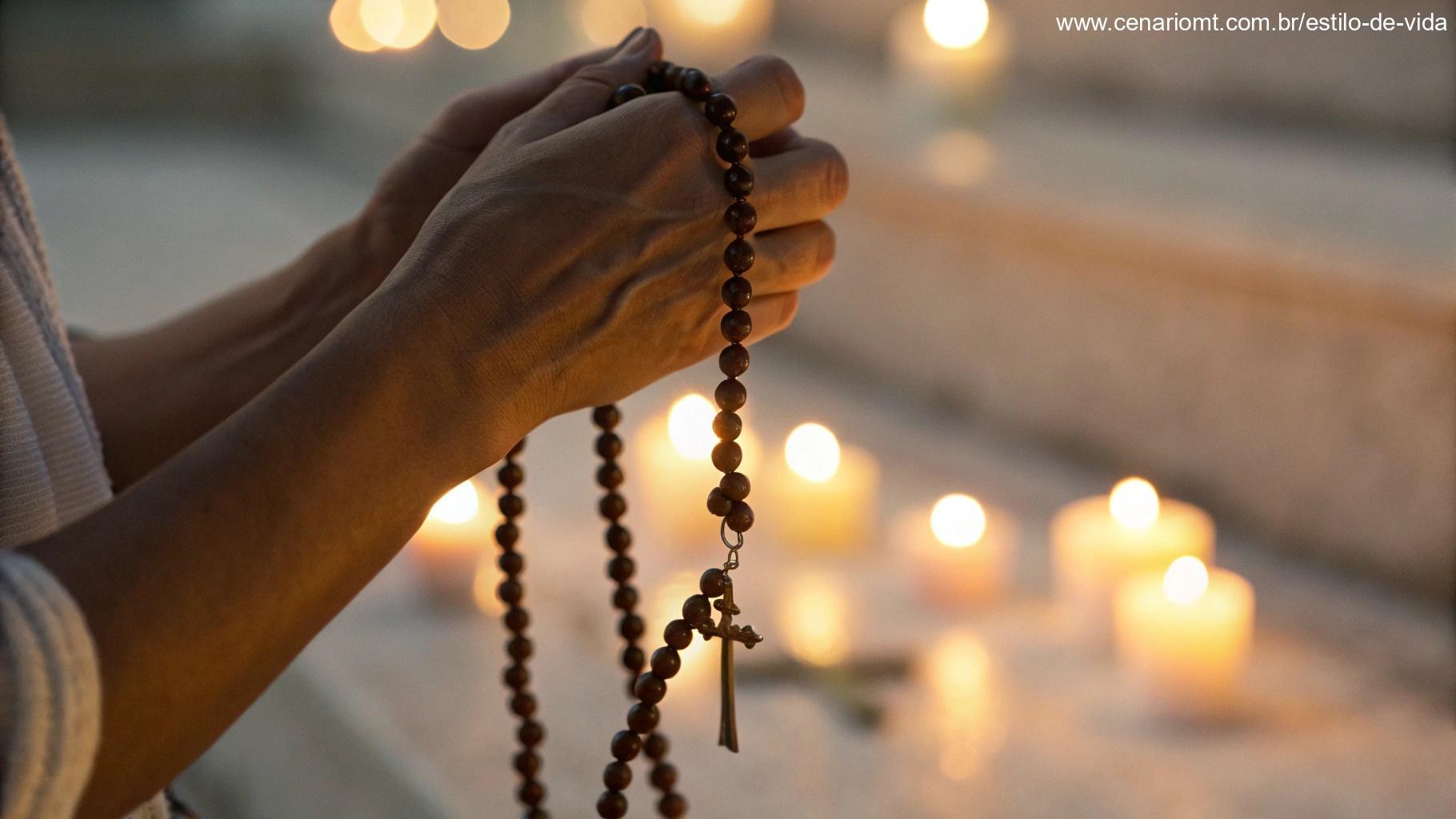 Close-up de mãos segurando um terço com luz dourada iluminando as contas, fundo desfocado de velas