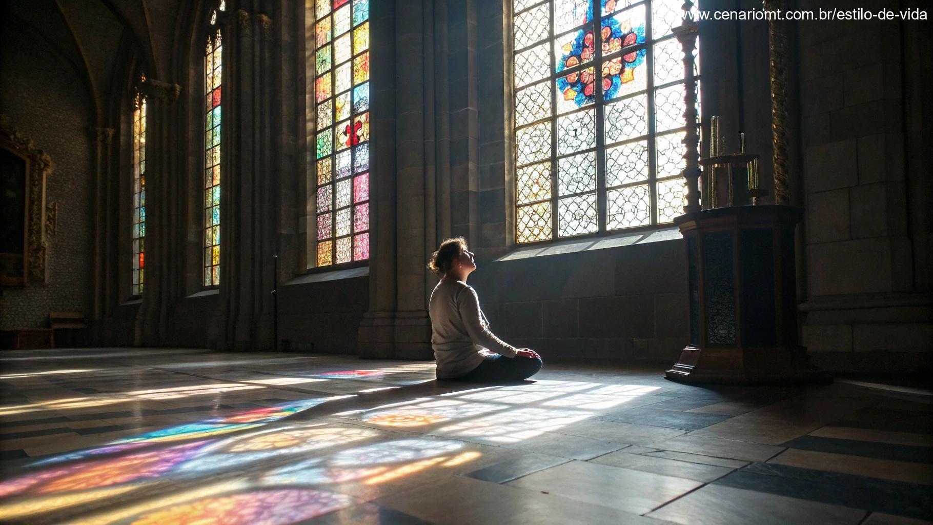 Pessoa em meditação silenciosa dentro de uma igreja iluminada por vitrais coloridos, refletindo sobre a mensagem do Evangelho