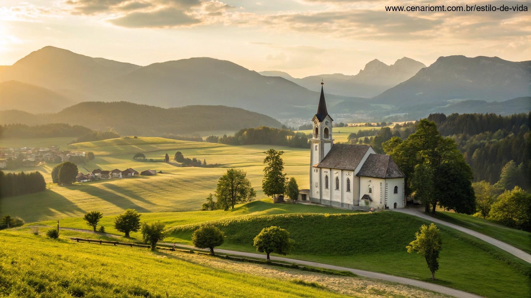Uma igreja pacífica no campo, banhada pela luz quente do sol, com campos verdes tranquilos e montanhas distantes ao fundo, simbolizando o poder da Palavra de Deus.