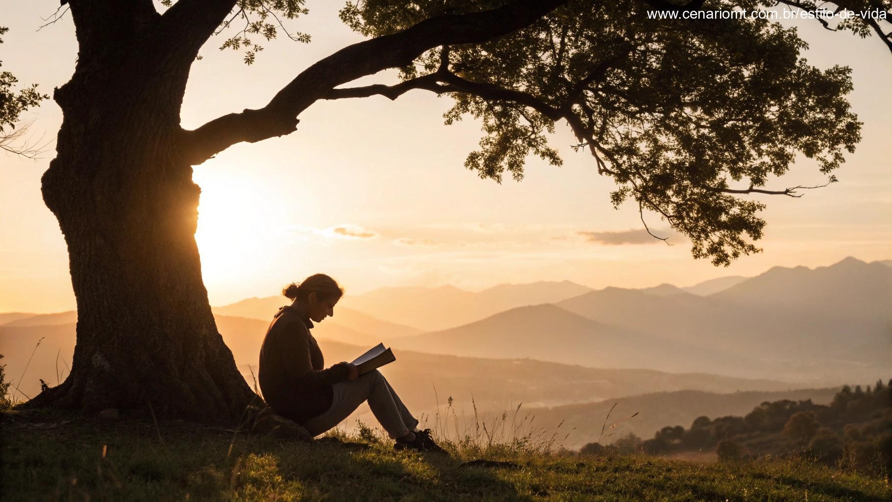 Imagem contemplativa de uma pessoa sentada em silêncio sob uma grande árvore, lendo as Escrituras, com montanhas ao longe e um nascer do sol ao fundo
