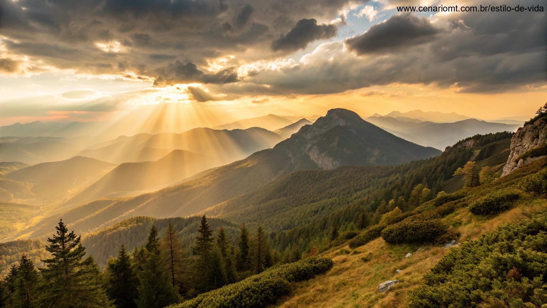 Paisagem montanhosa ao amanhecer, com raios de luz atravessando as nuvens, simbolizando esperança e perseverança nos desafios da vida.