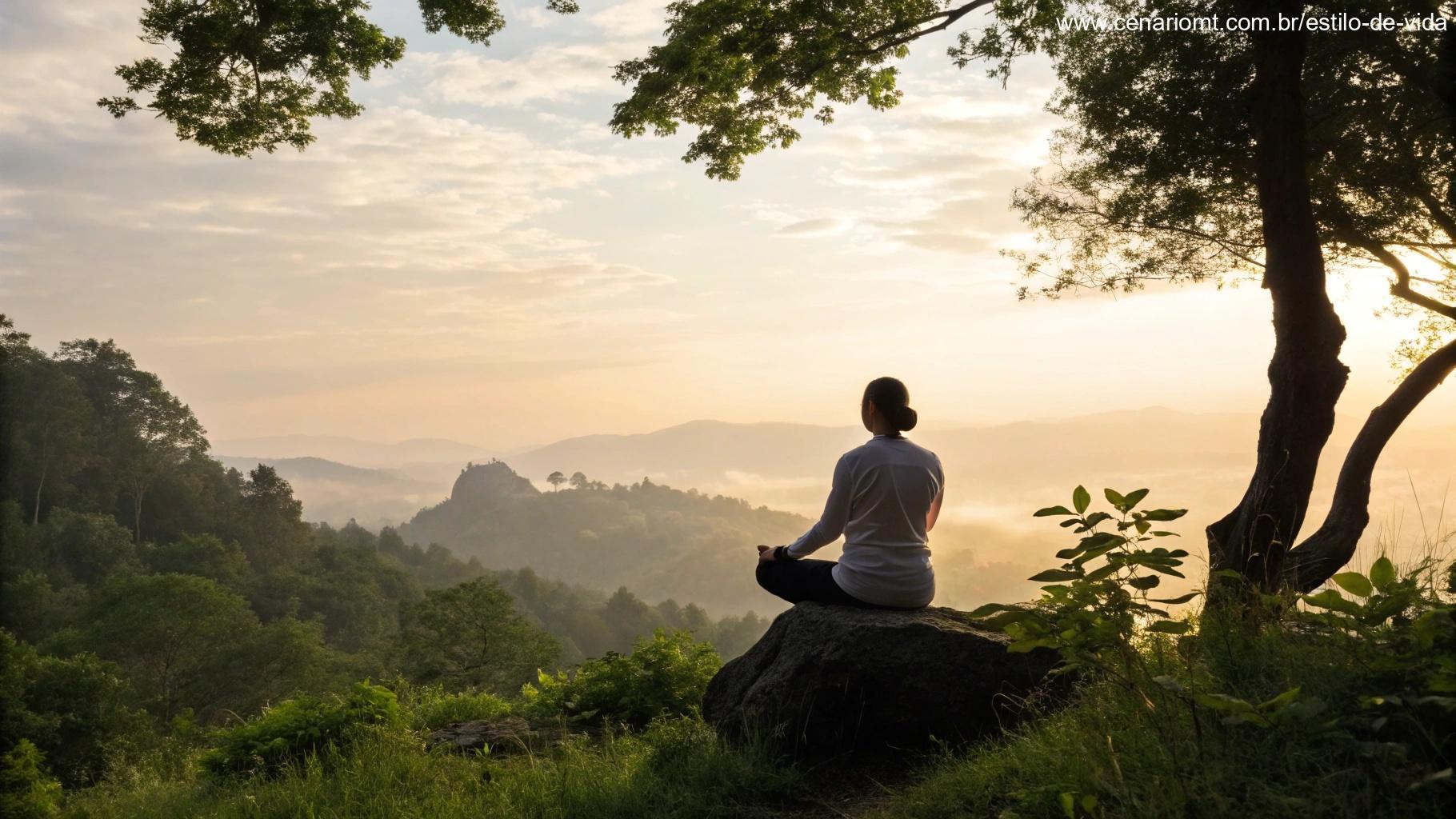 Pessoa meditando na natureza ao amanhecer, refletindo sobre a vida cristã.