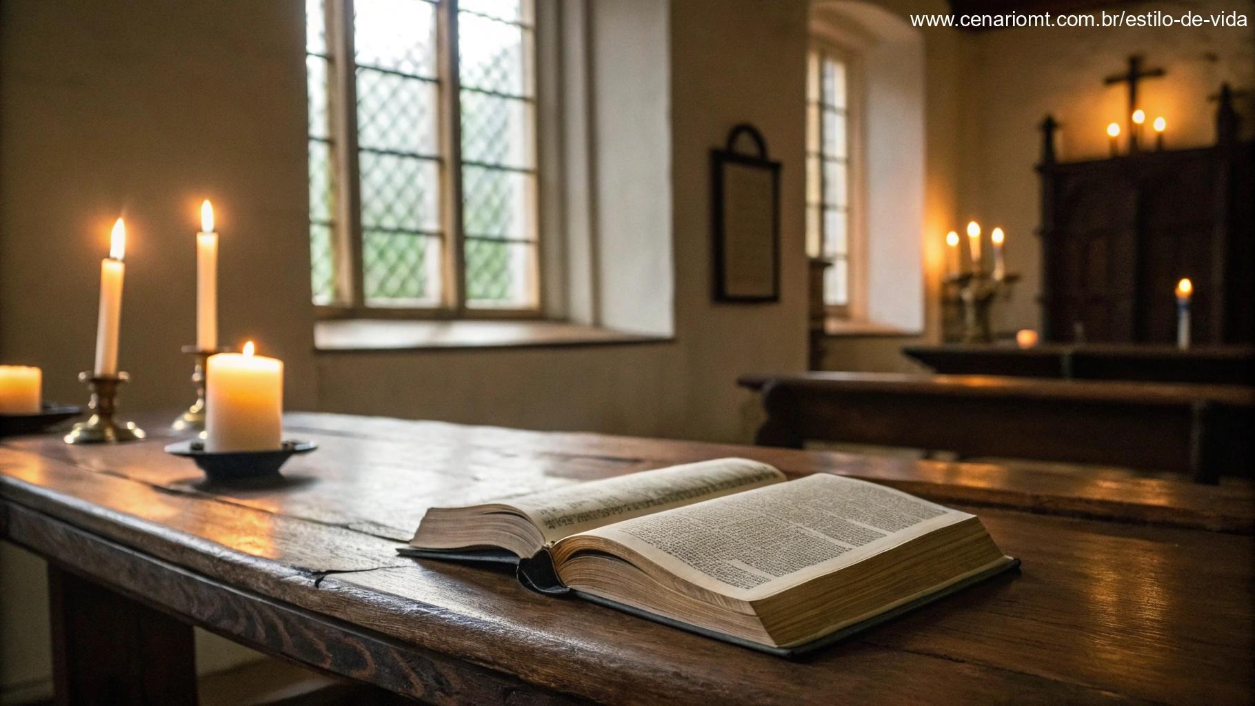 Espaço de estudo silencioso com uma Bíblia aberta, velas e uma sensação de tranquilidade.