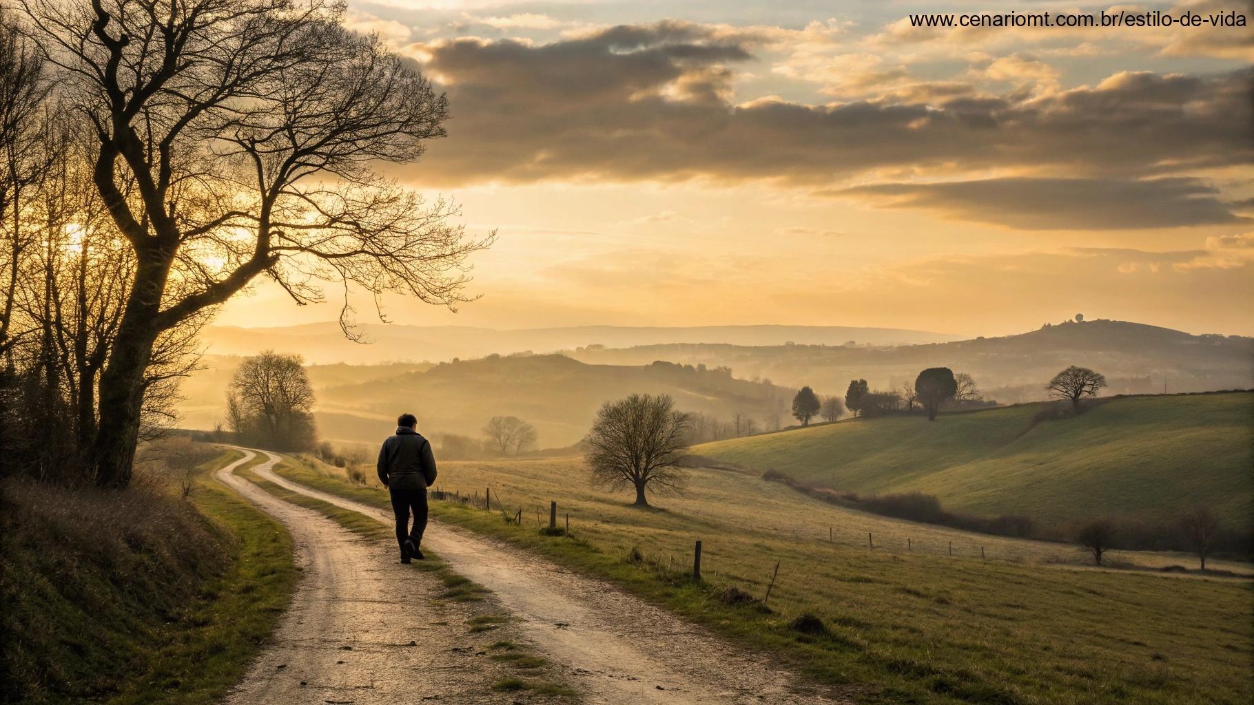 Pessoa caminhando sozinha por uma trilha em paisagem rural, simbolizando reflexão espiritual