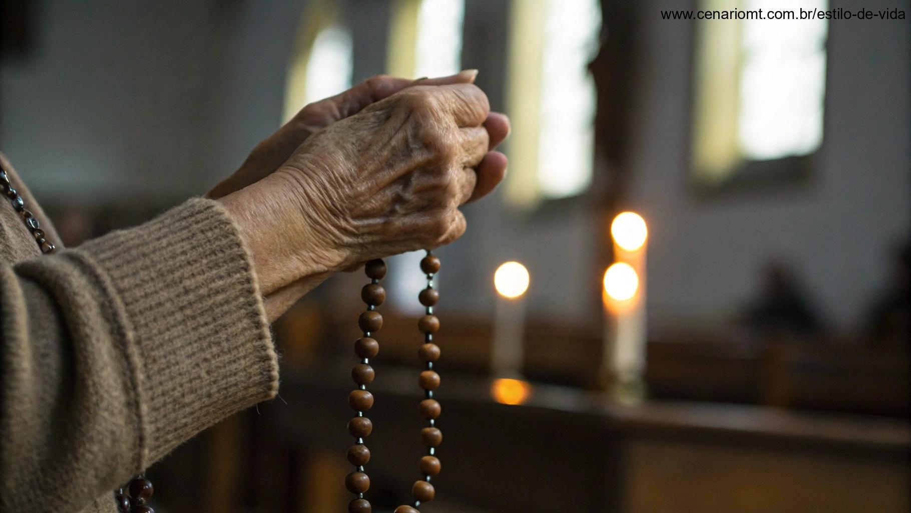 Mãos segurando um terço com fundo desfocado de velas acesas em uma capela silenciosa