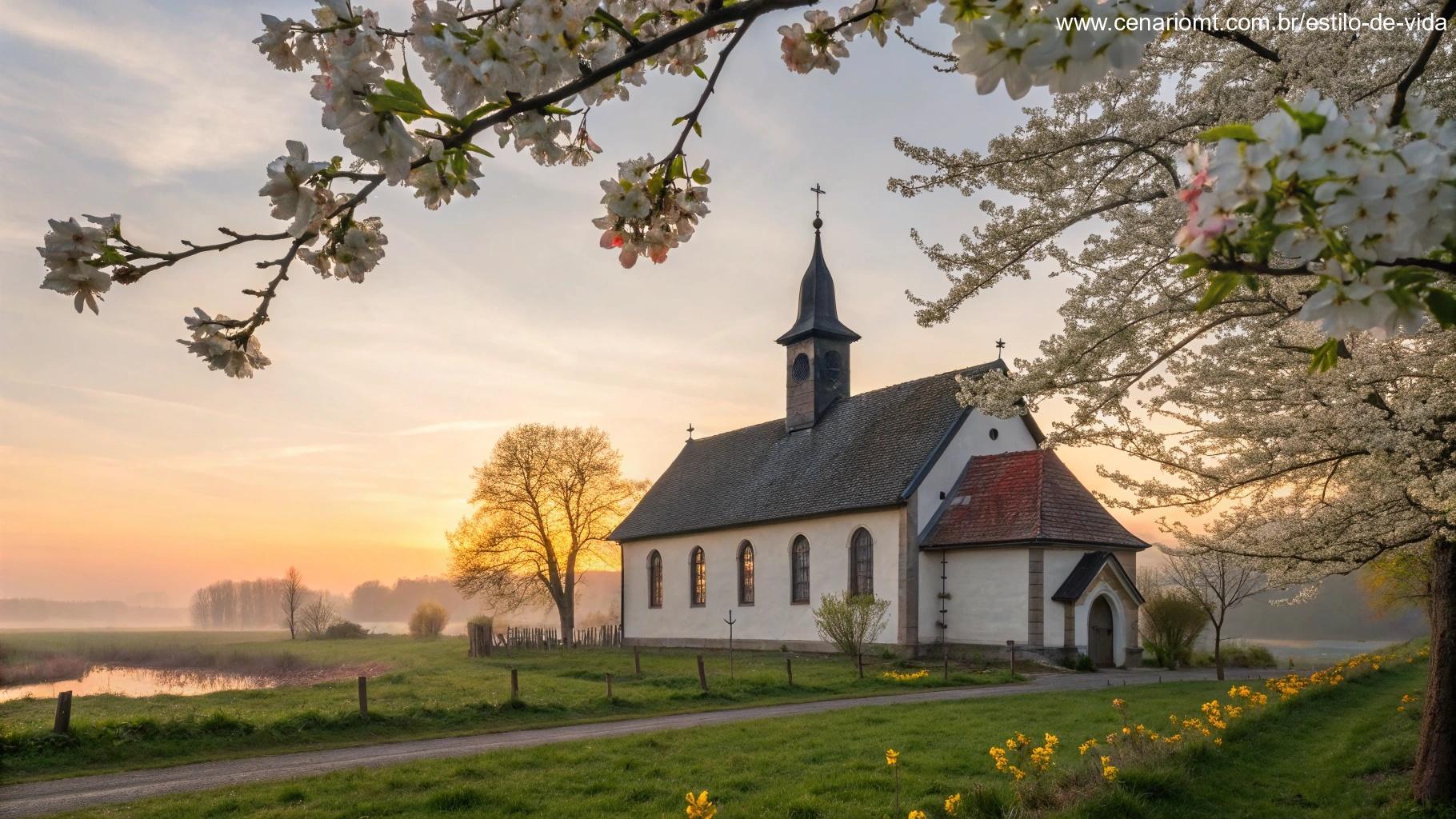 Igreja no campo ao amanhecer cercada por flores, simbolizando a reflexão sobre o Evangelho de Domingo