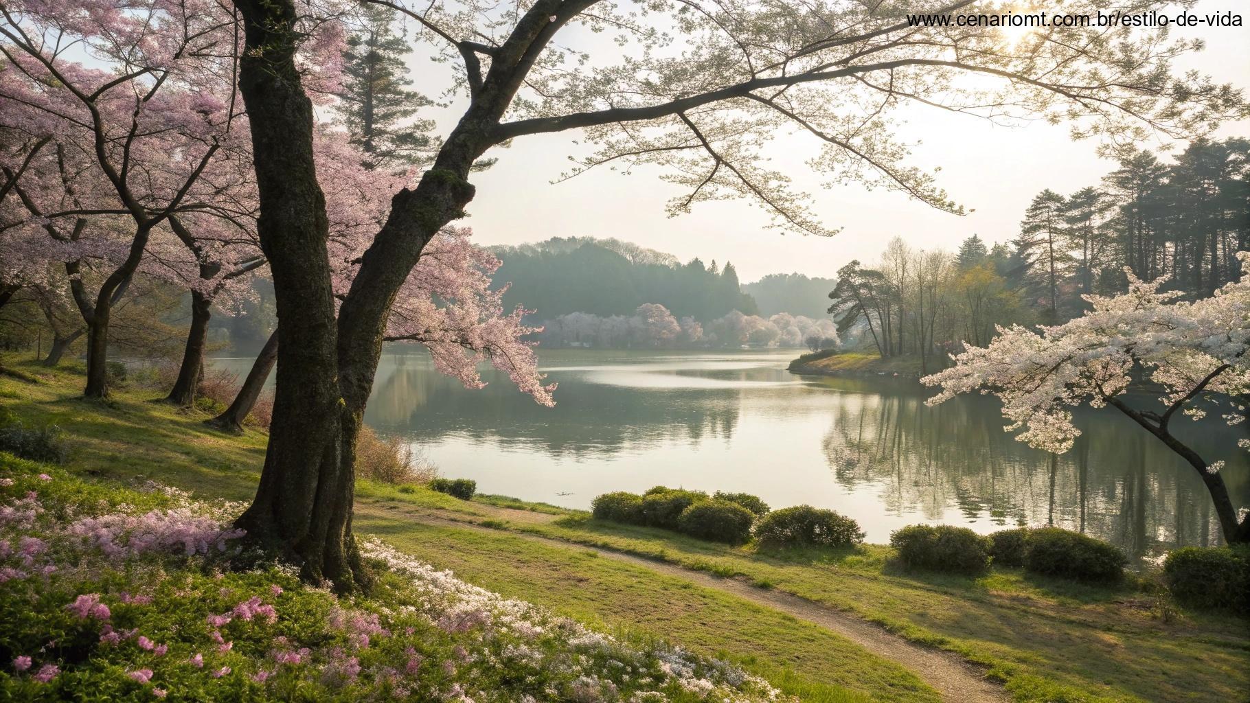 Imagem calma de uma paisagem tranquila no sábado, com flores e um lago calmo, representando reflexão tranquila no fim de semana.