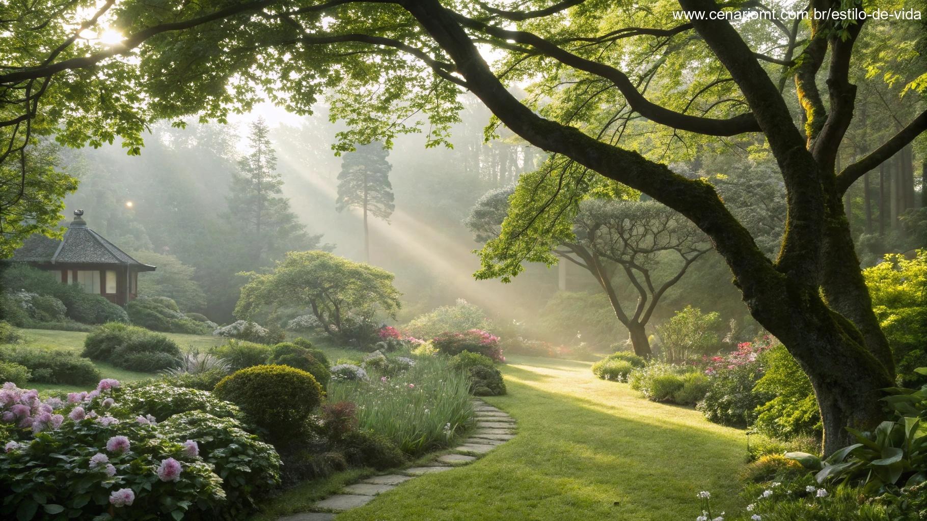 Uma paisagem serena com um lago tranquilo refletindo o céu e cercado por vegetação exuberante. Um caminho leva ao horizonte distante, simbolizando orientação e paz.
