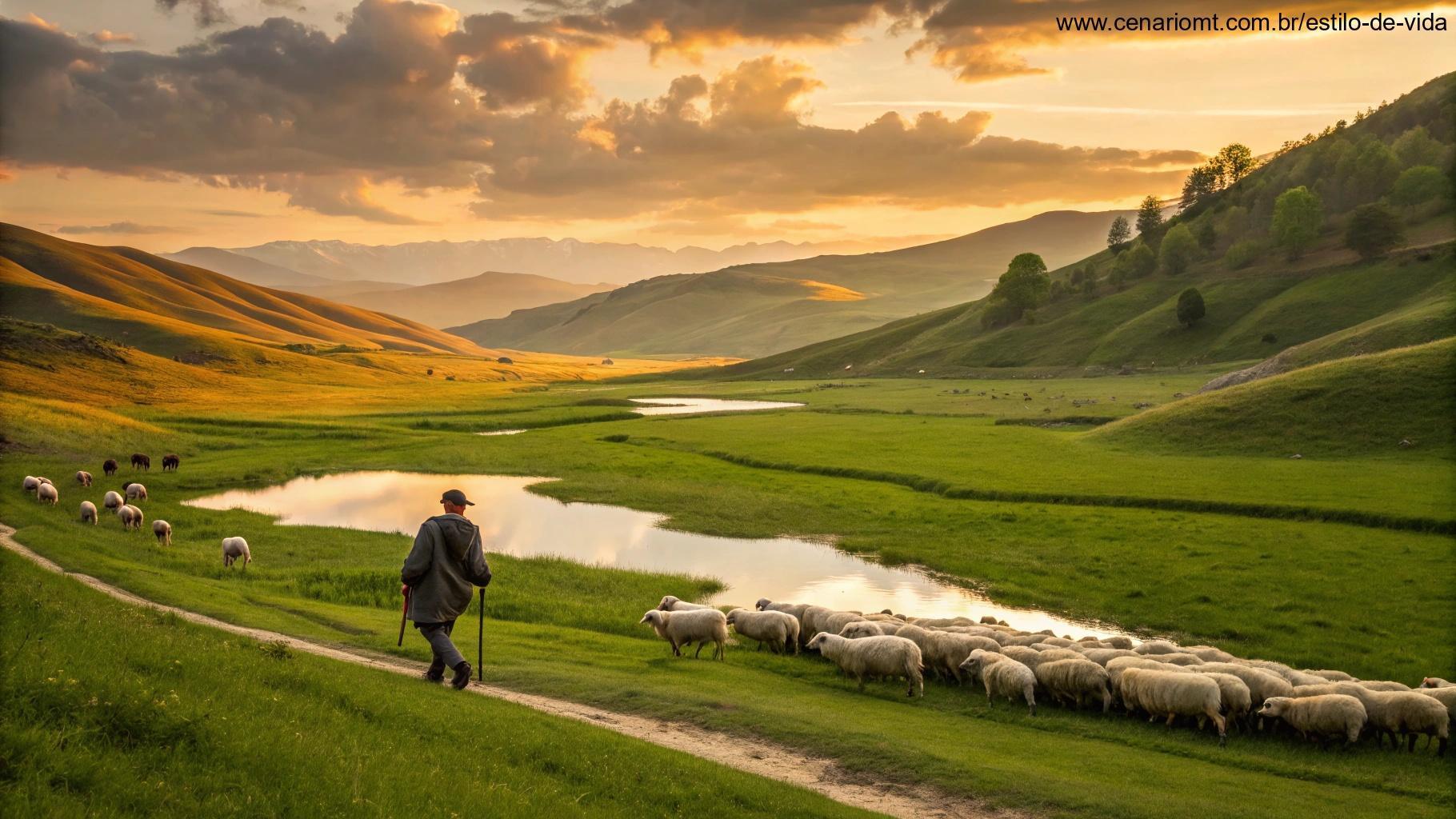 Pastor tranquilo guiando um rebanho de ovelhas por um vale exuberante com águas calmas e pastagens verdes sob o pôr do sol dourado