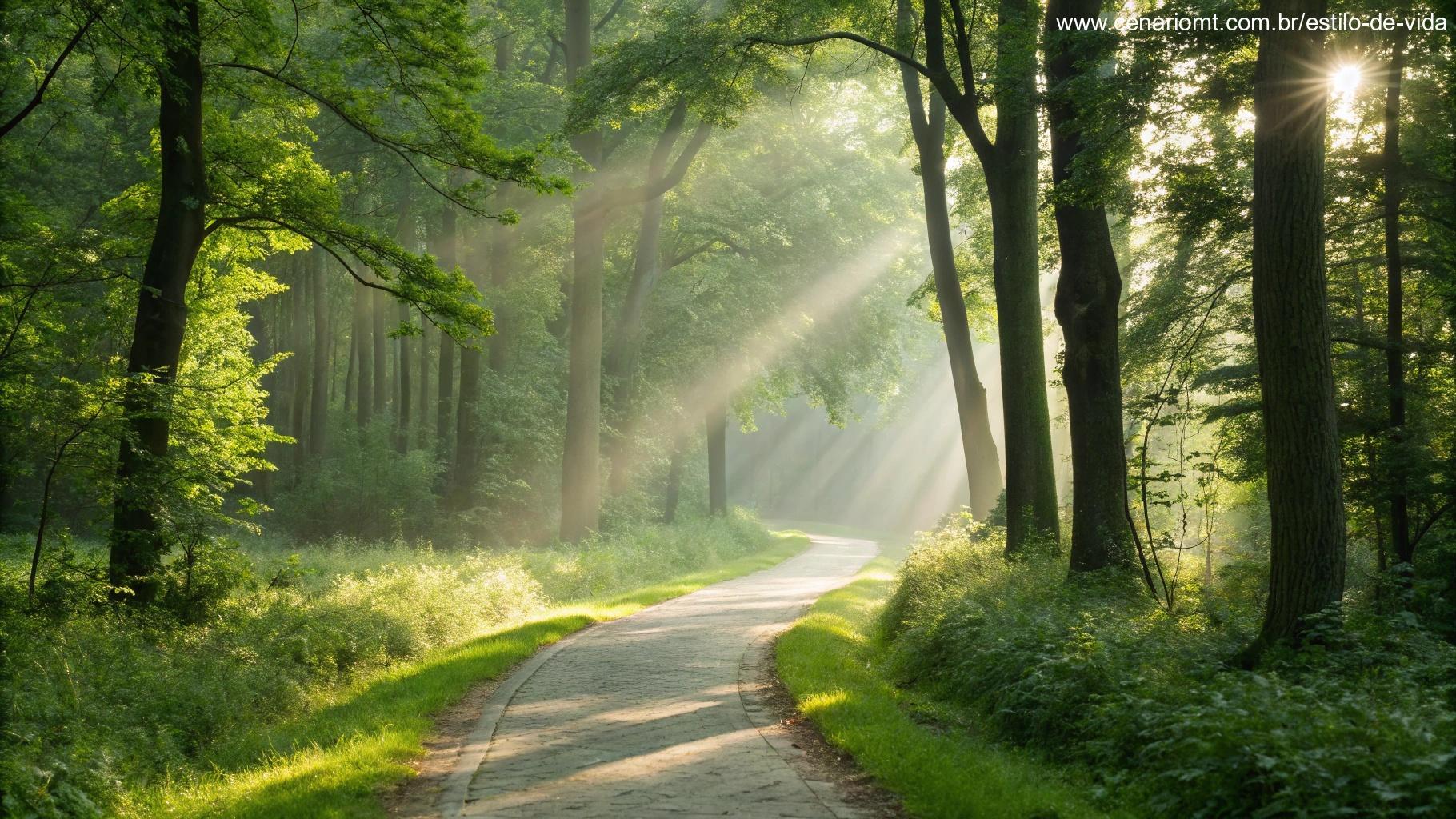 Caminho tranquilo em uma floresta verde, com raios de luz suave atravessando as árvores, simbolizando orientação e confiança no caminho de Deus.