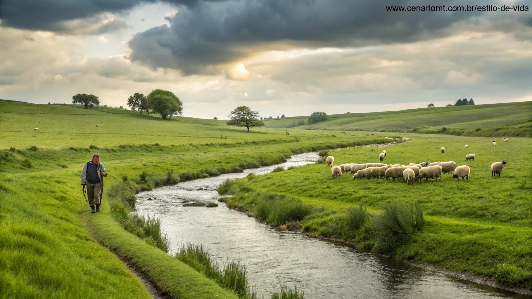 Paisagem pastoral tranquila com um riacho sereno atravessando campos verdes e um pastor guiando suas ovelhas, inspirado no Salmo 23, evocando calma e orientação para começar a semana