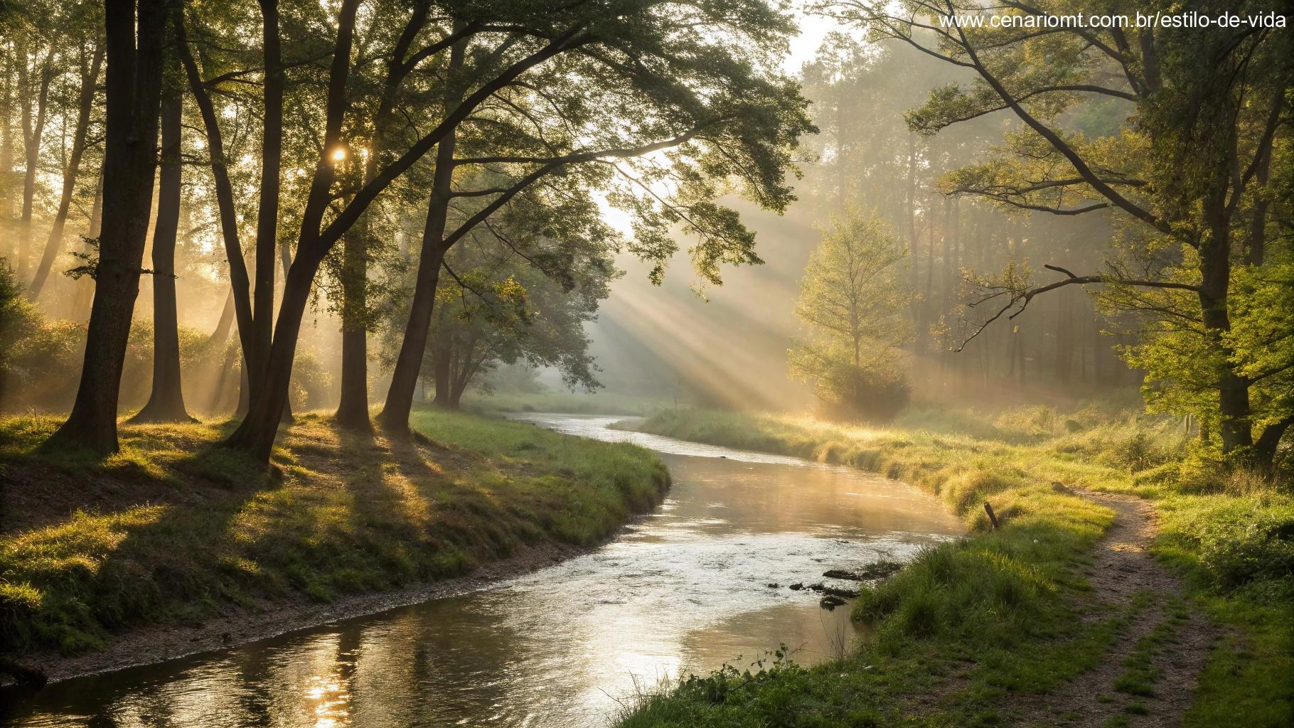 Paisagem serena com um riacho suave e luz do sol atravessando as árvores, representando o consolo e o poder curador do Salmo 34:18.