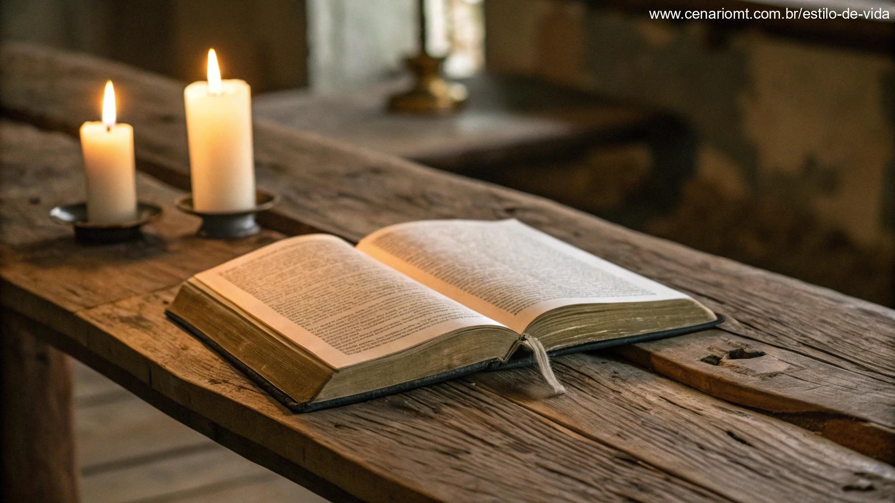 livro antigo aberto repousando sobre uma mesa rústica de madeira cercado por luz suave de velas, evocando um momento de contemplação tranquila e reflexão espiritual