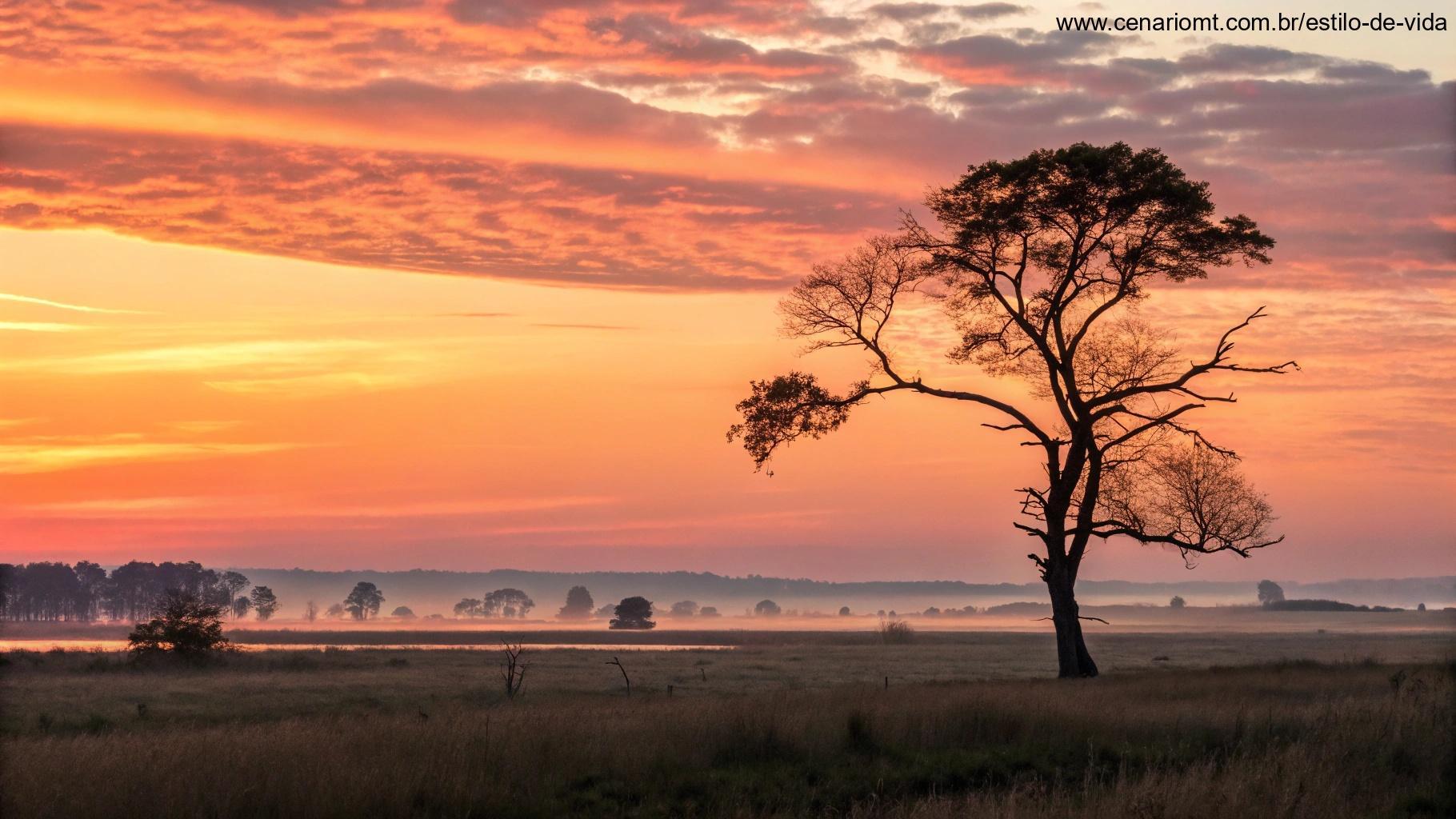 Pôr do sol sobre uma paisagem tranquila com uma árvore solitária, simbolizando a conexão entre o Salmo e a oração.