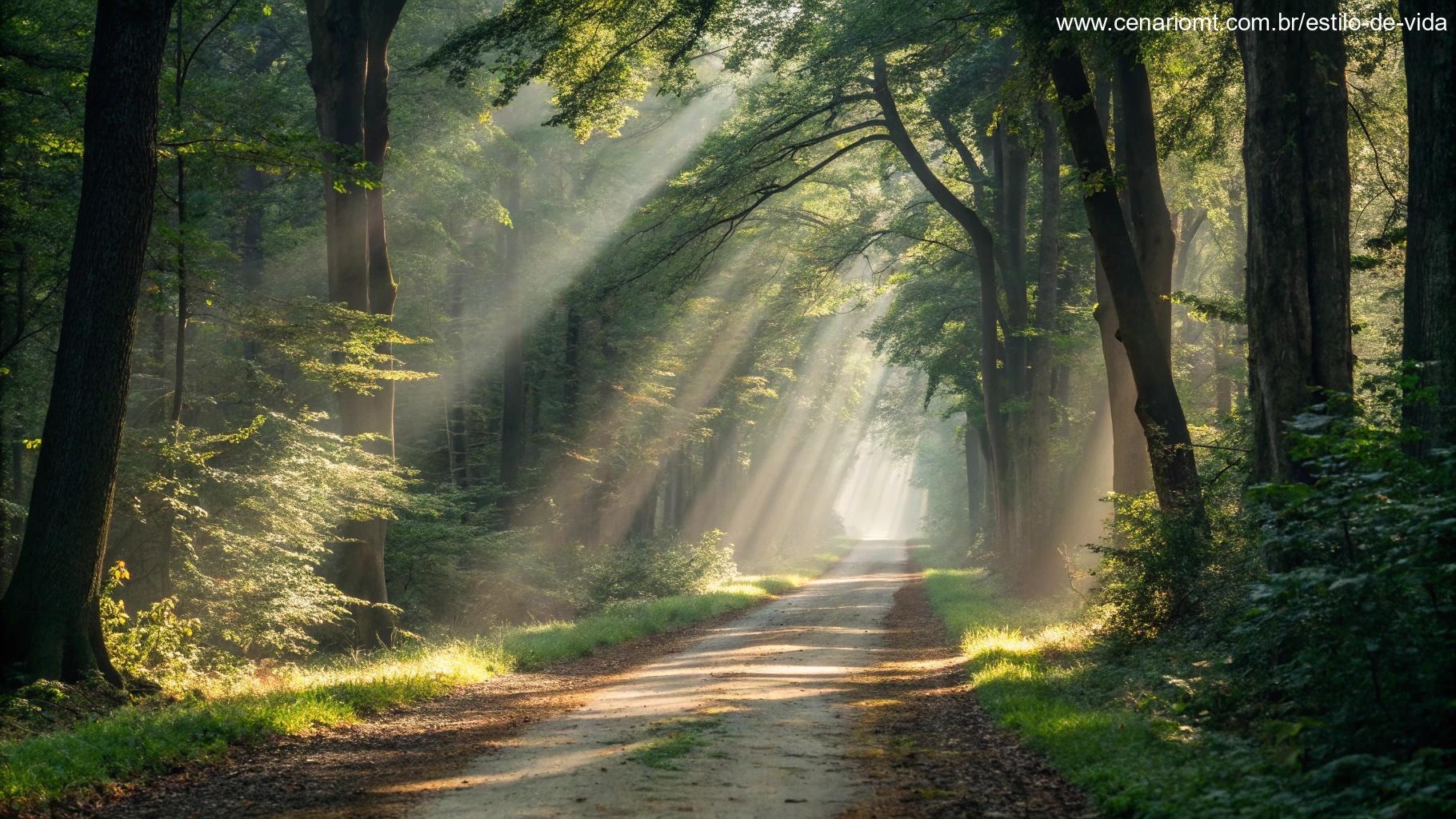 Cena pacífica de uma floresta silenciosa com raios de sol filtrando entre as árvores, simbolizando crescimento espiritual e reflexão, criando um ambiente de contemplação e conexão com a natureza.