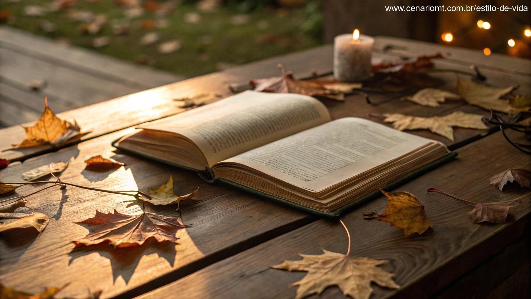 Livro antigo aberto em uma mesa de madeira com luz suave iluminando suas páginas