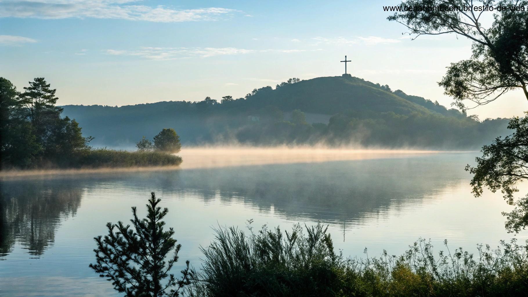 Lago tranquilo refletindo o céu limpo, com uma cruz no alto de uma colina ao fundo e uma névoa suave criando um clima de reflexão e espiritualidade.