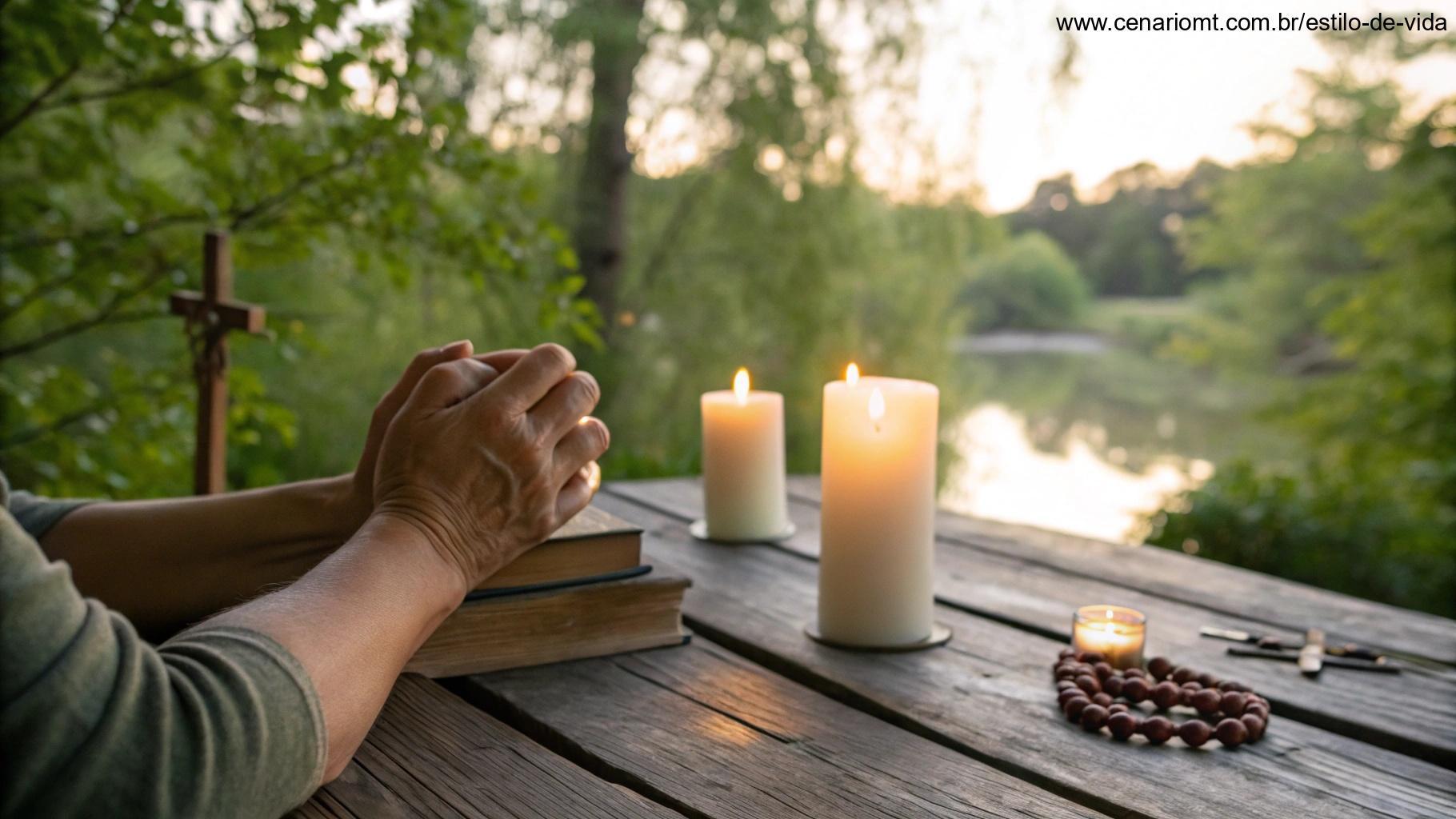 Cena contemplativa com mãos unidas em oração sobre uma mesa de madeira rústica, cercada por velas acesas suavemente e um fundo natural tranquilo com árvores verdes e luz da manhã, transmitindo fé e reflexão no sábado