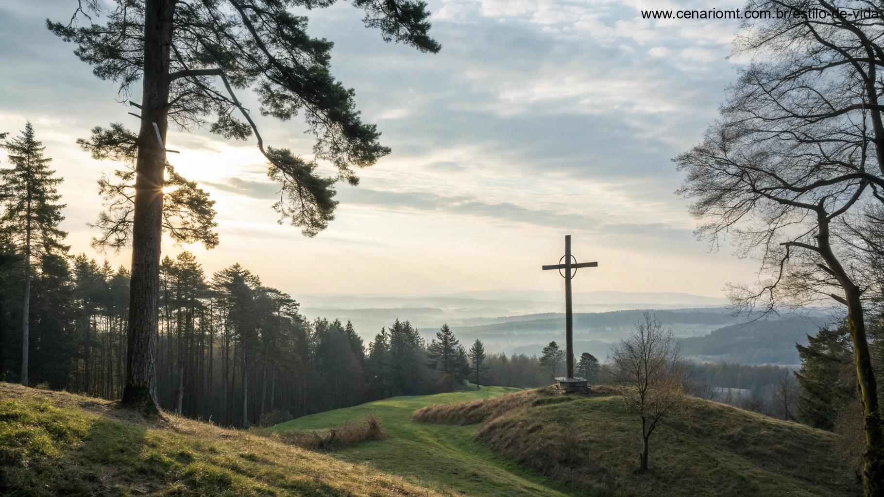 Cruz de madeira em uma colina ao entardecer com árvores ao fundo