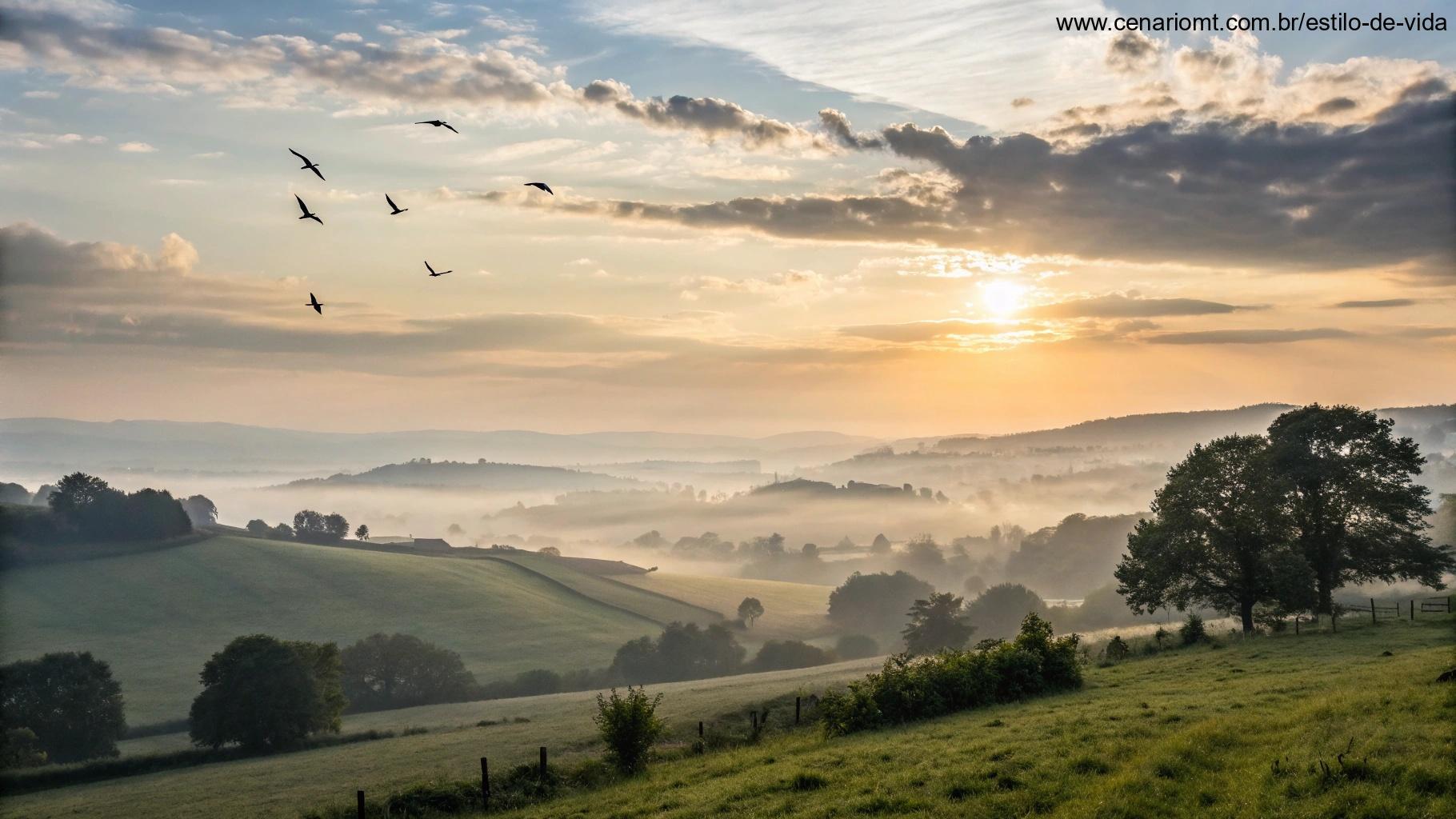 Uma paisagem serena com o sol nascendo sobre o campo tranquilo, nuvens suaves no céu e alguns pássaros voando, criando uma vibração pacífica ideal para reflexão e gratidão em uma terça-feira abençoada.