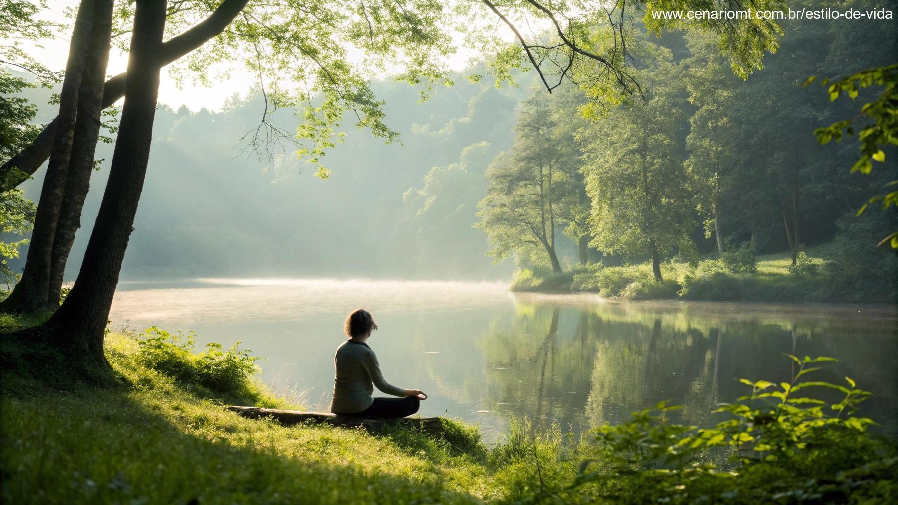 Pessoa meditando à beira de um lago tranquilo, rodeada por vegetação e luz suave, refletindo positividade em 13 de maio de 2025