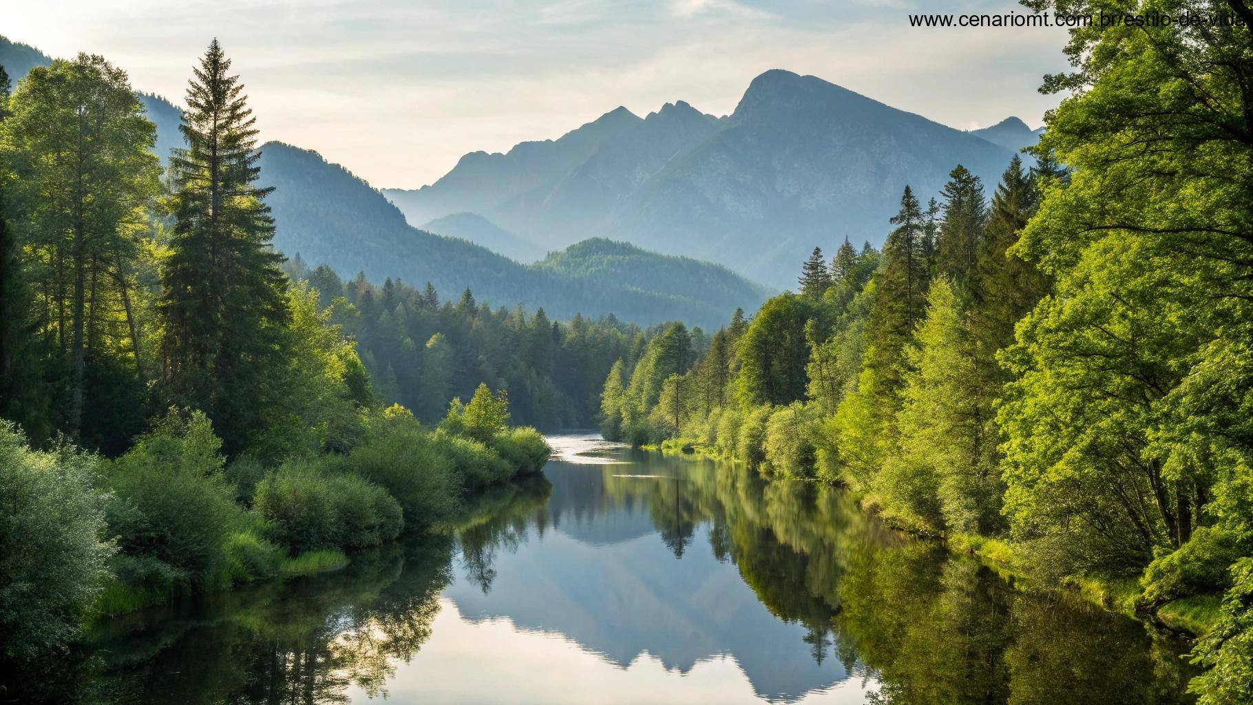 Uma paisagem tranquila de montanhas com um rio calmo fluindo, cercado por árvores verdes e exuberantes, simbolizando reflexão e serenidade para o seu dia.