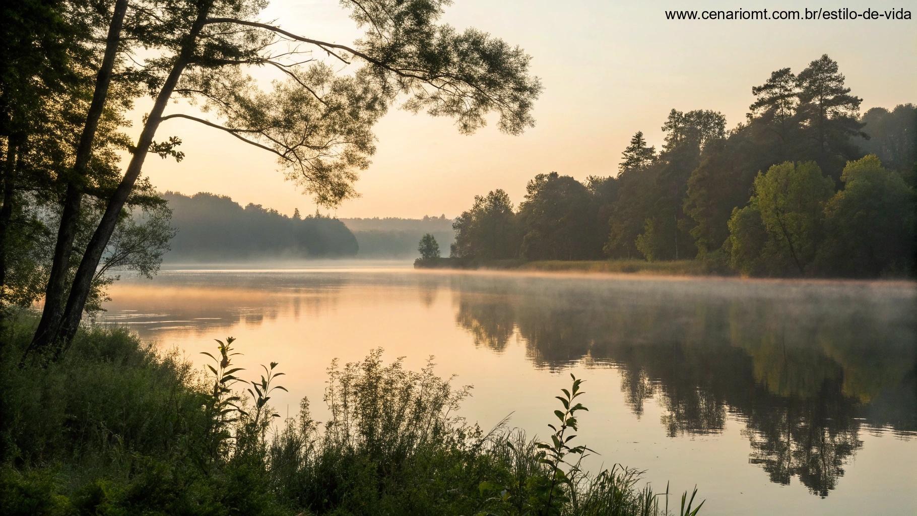 Lago tranquilo cercado por árvores ao amanhecer, transmitindo calma e reflexão